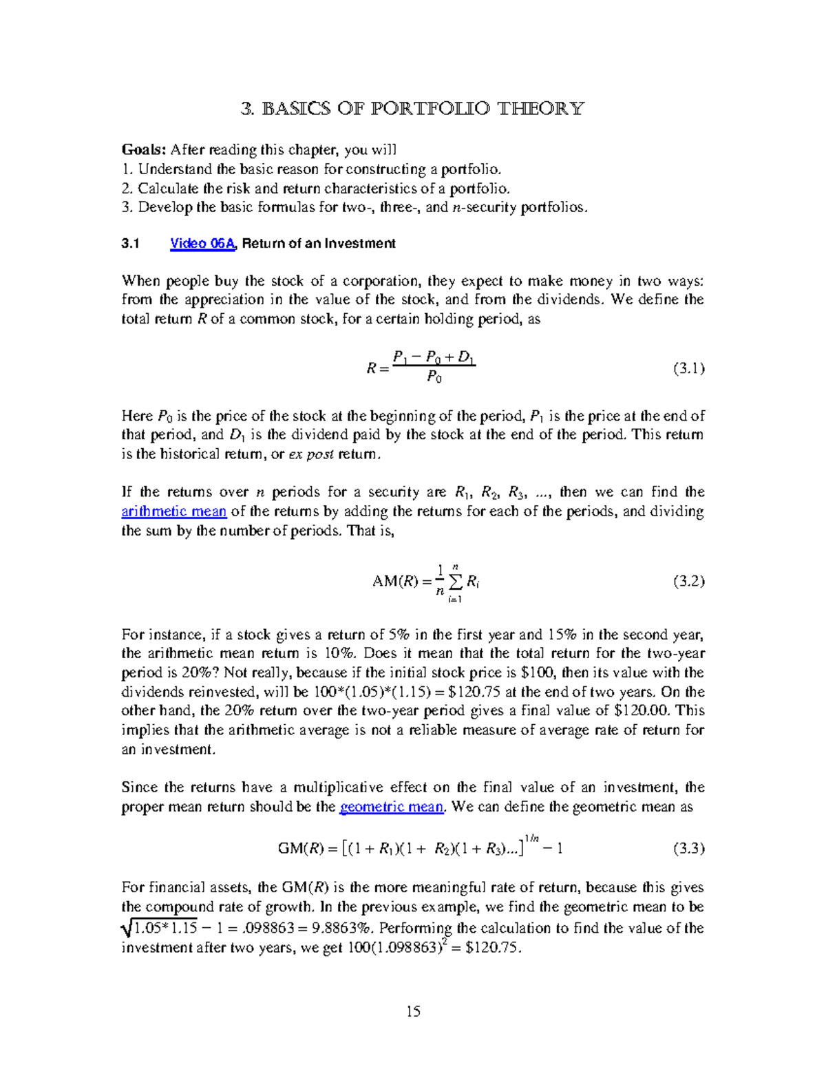 GPT103 - Notes - 3. BASICS OF PORTFOLIO THEORY Goals: After reading ...