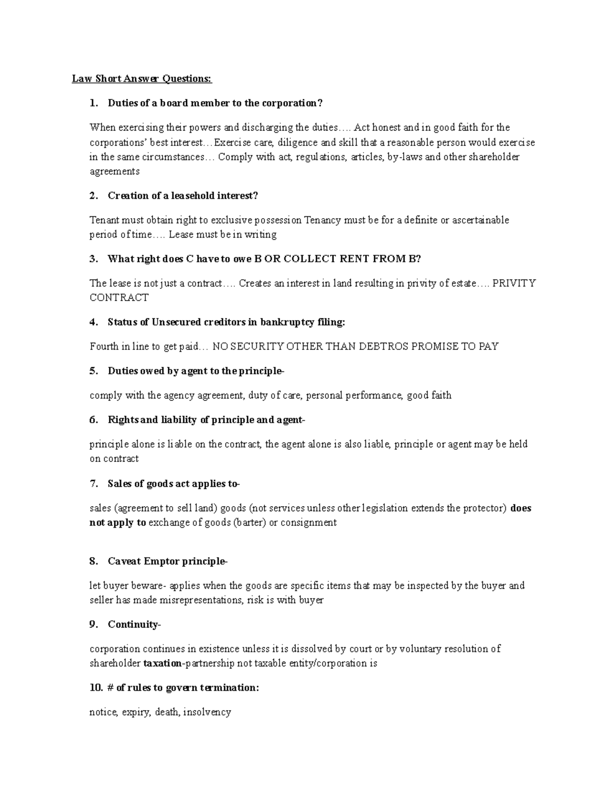 Final exam 12 December 2017, questions and answers Law Short Answer