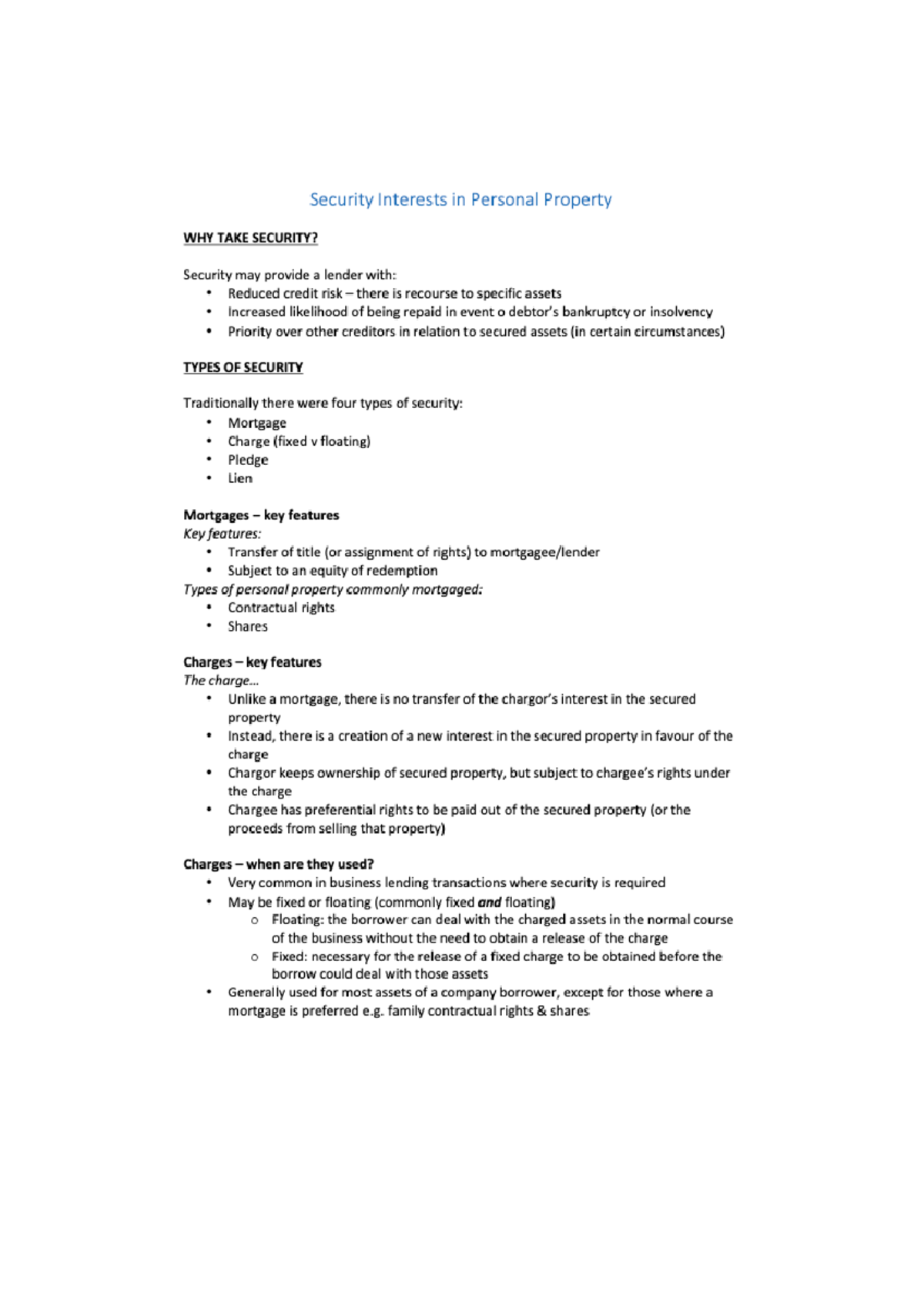 PPSA Notes - Security Interests in Personal Property WHY TAKE SECURITY ...
