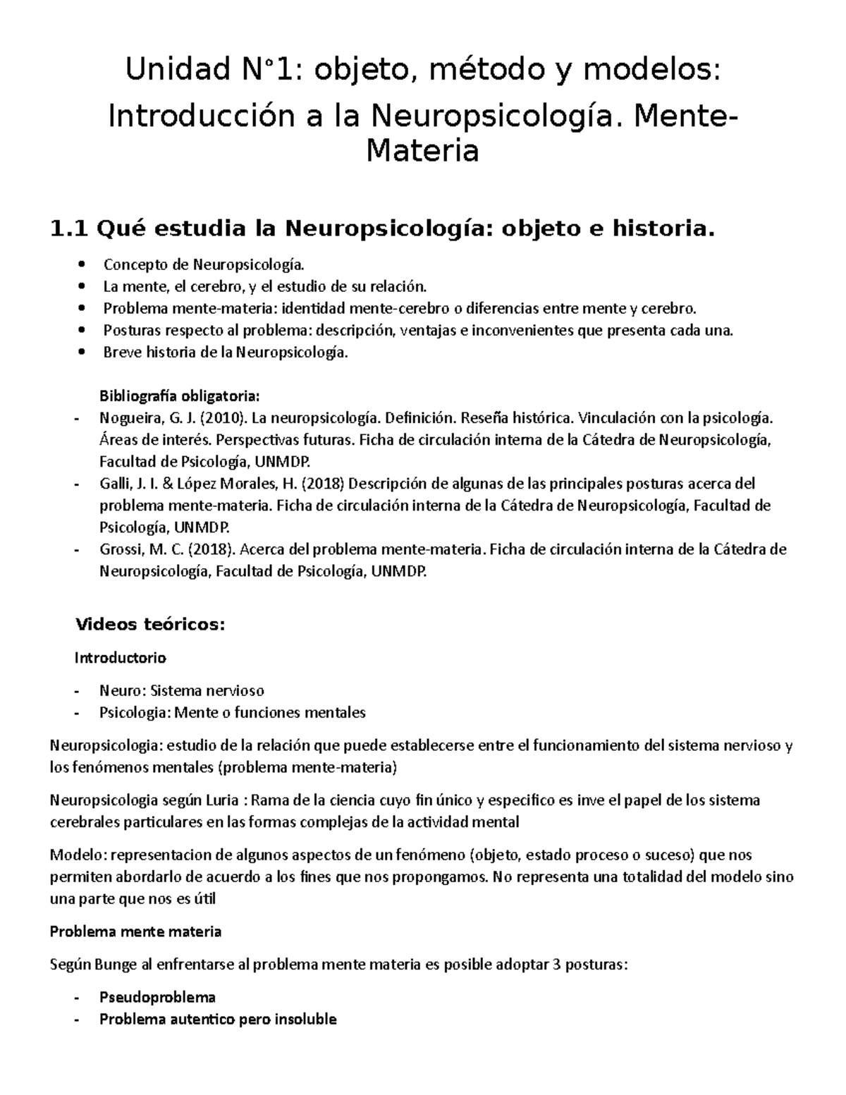 Neuropsicologia Clase 1 - Unidad N°1: Objeto, Método Y Modelos ...