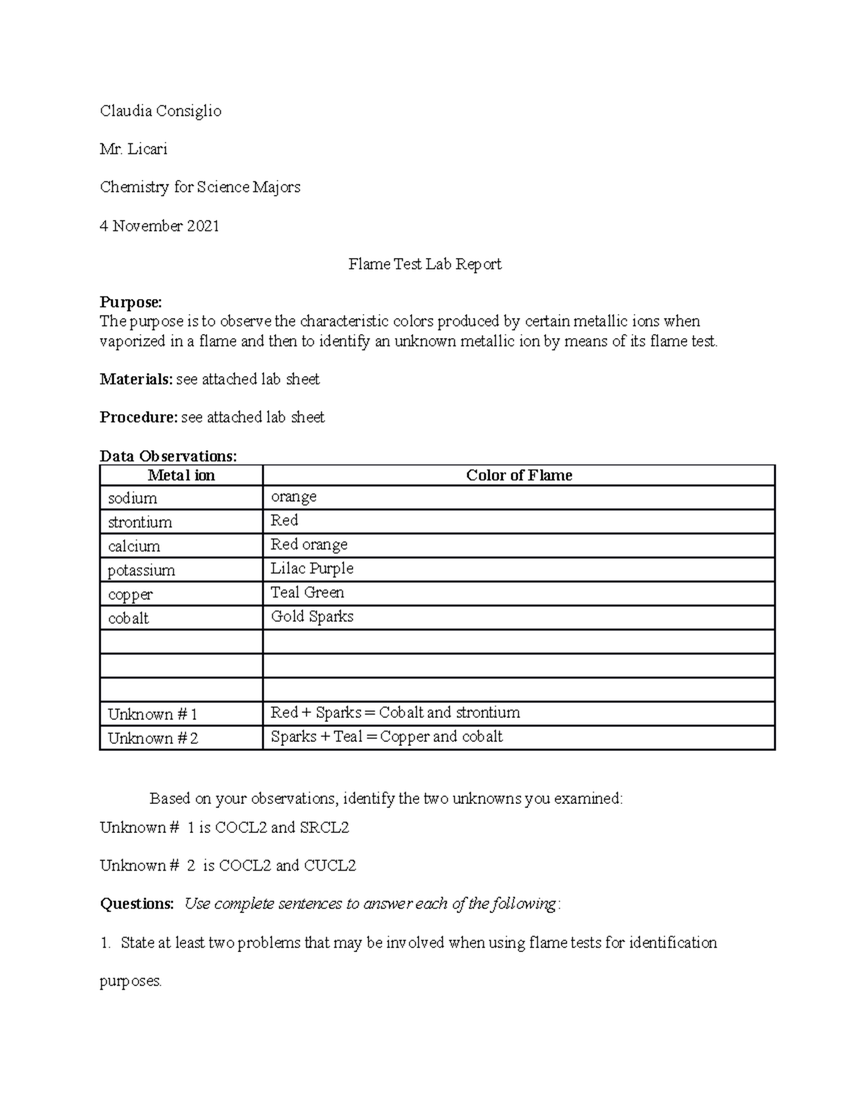 Flame Test Lab Report Chemistry For Science Majors Claudia