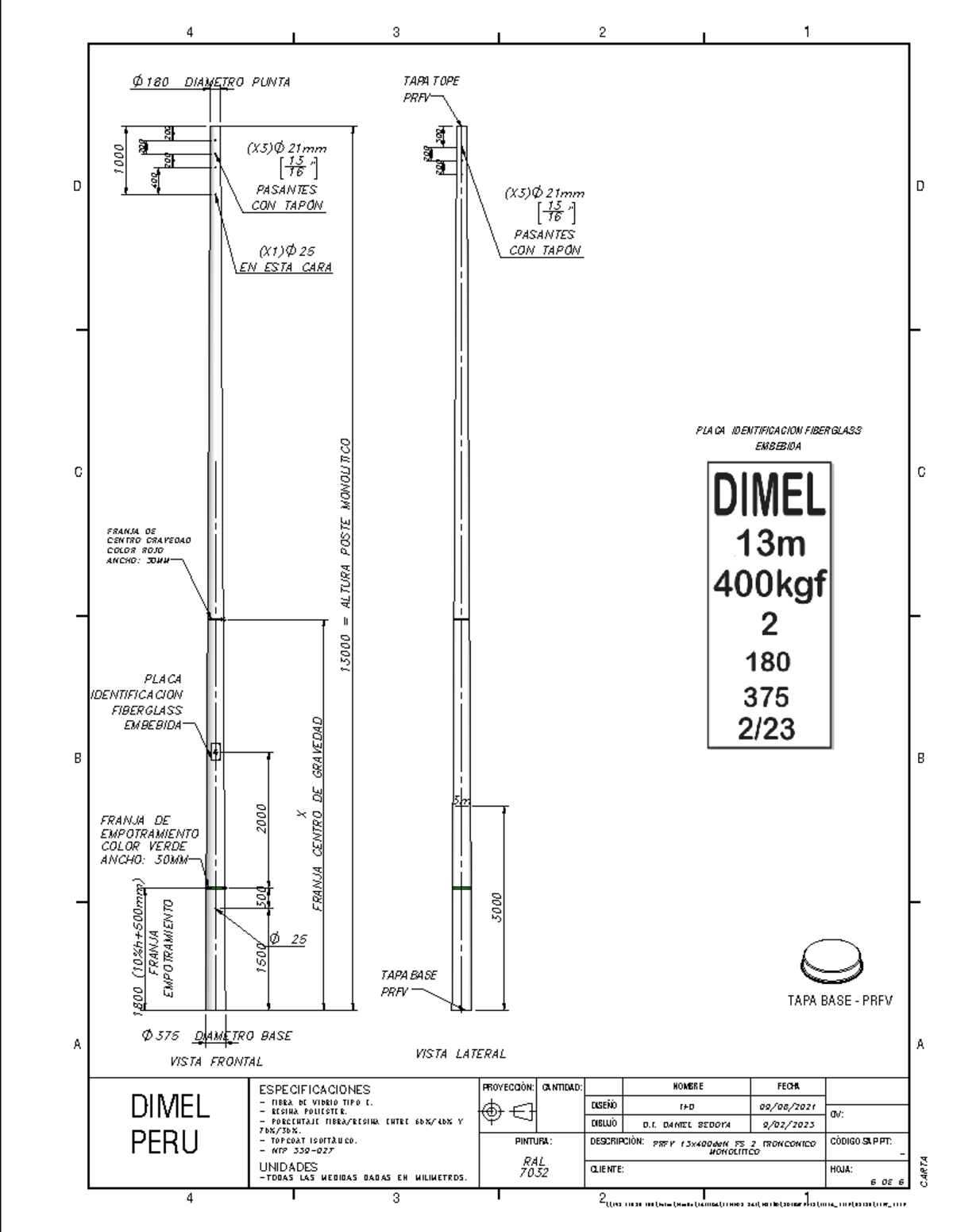 Poste prfv 13 x 400 tapa base prfv 13000 altura poste monolitico