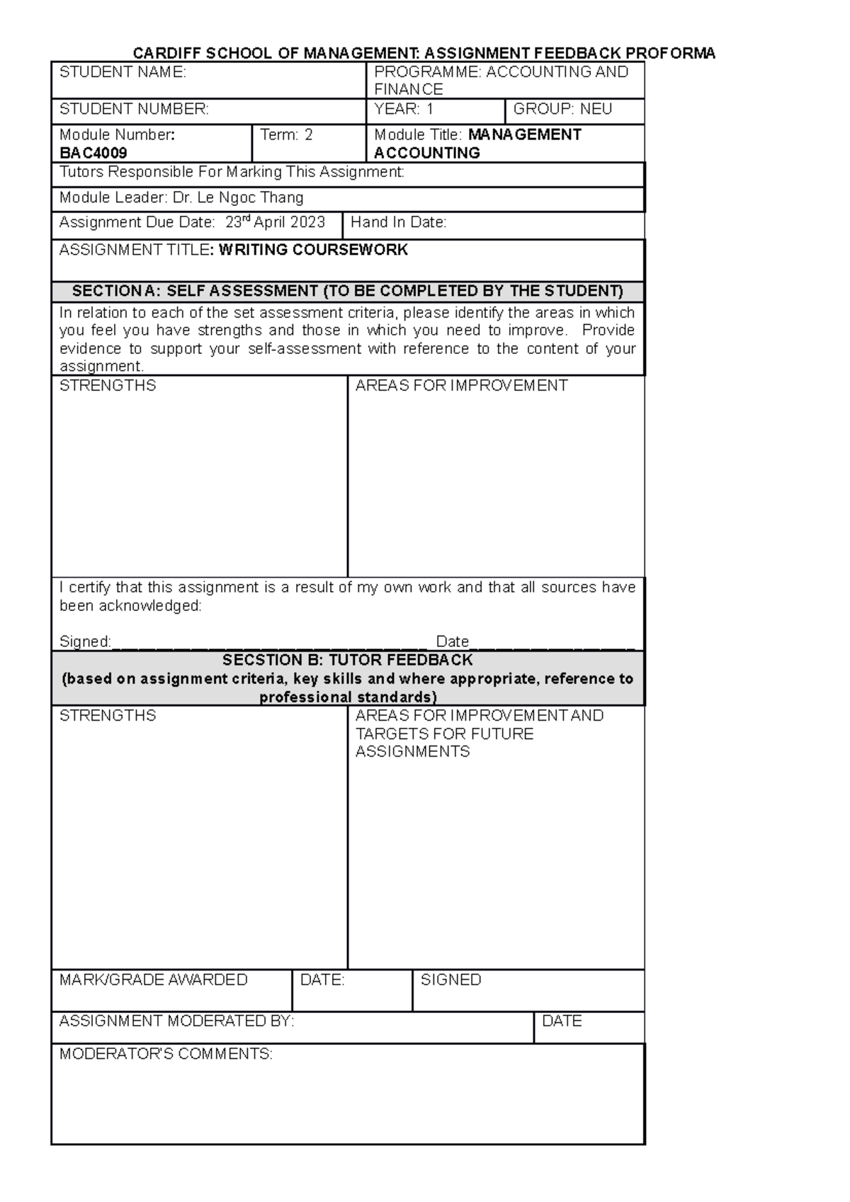 Coursework Bac4009 May 2023 Main - Cardiff School Of Management 