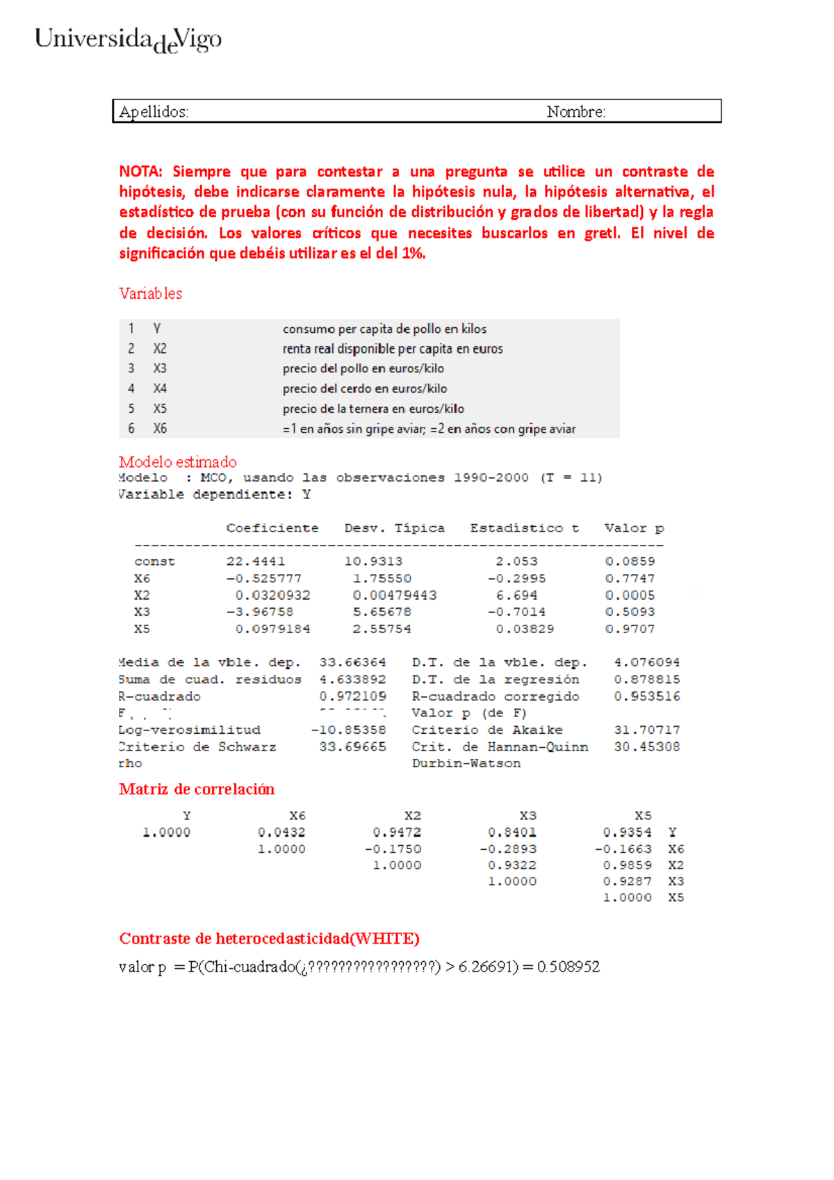 Examen Econometria 2019/2020 - Apellidos: Nombre: NOTA: Siempre Que ...