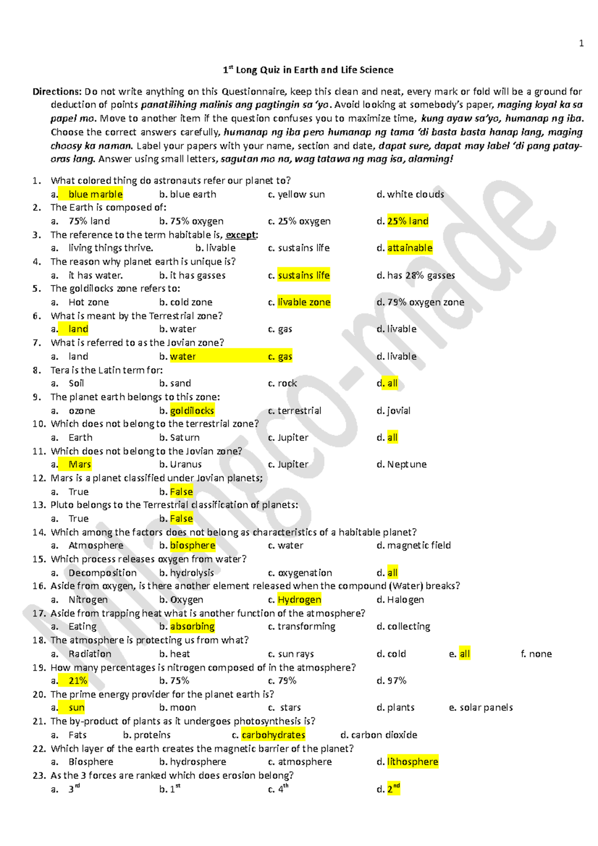 1st long quiz in Earth and Life Science 1 1 st Long Quiz in Earth and