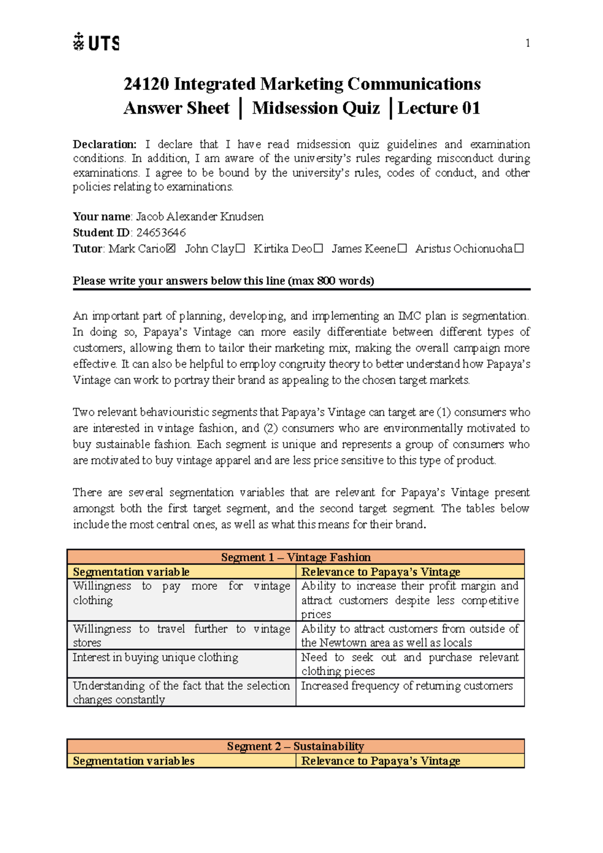 IMC Midsession Quiz - 24120 Integrated Marketing Communications Answer ...