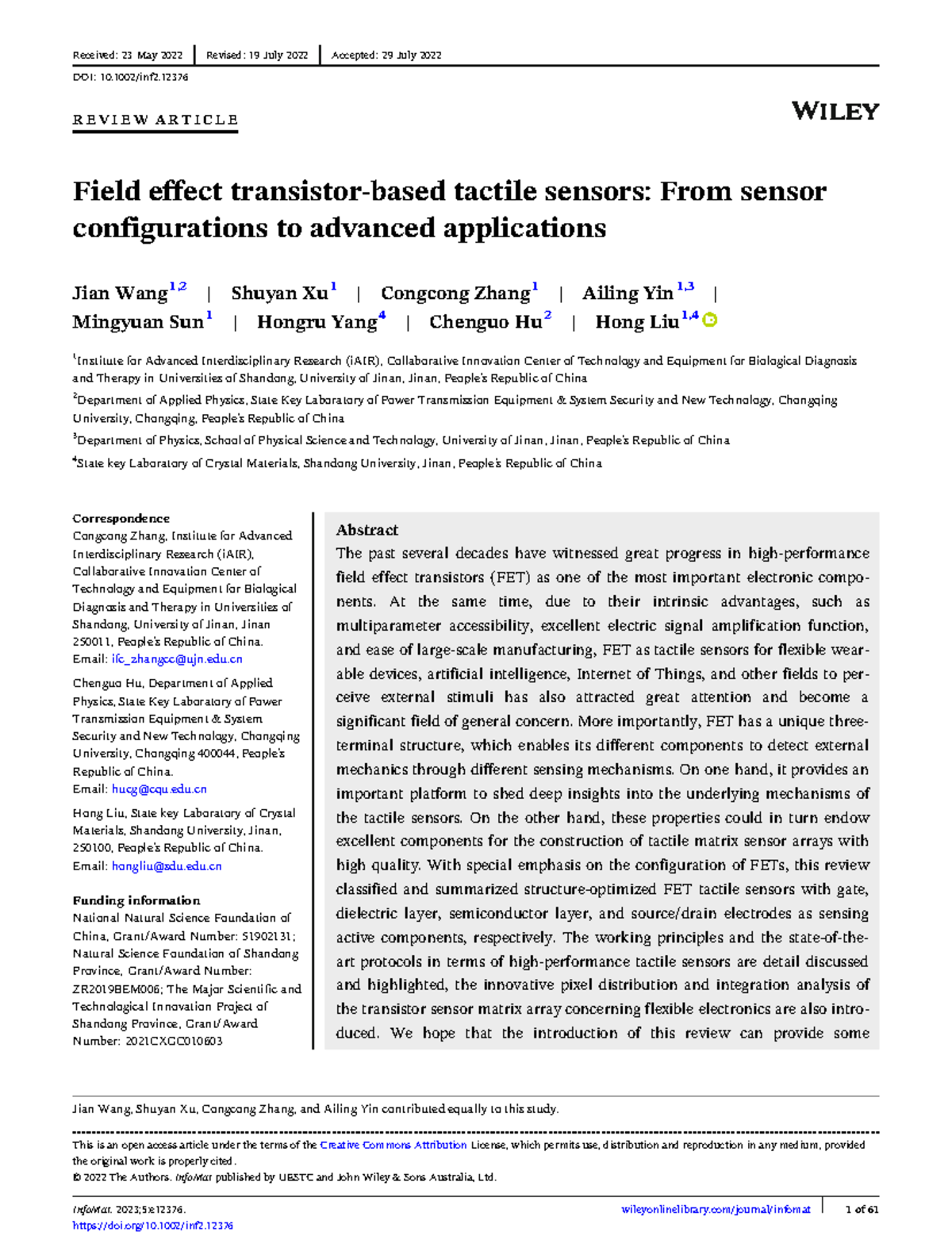 Info Mat - 2022 - Wang - Field effect transistor%u2010 based tactile ...