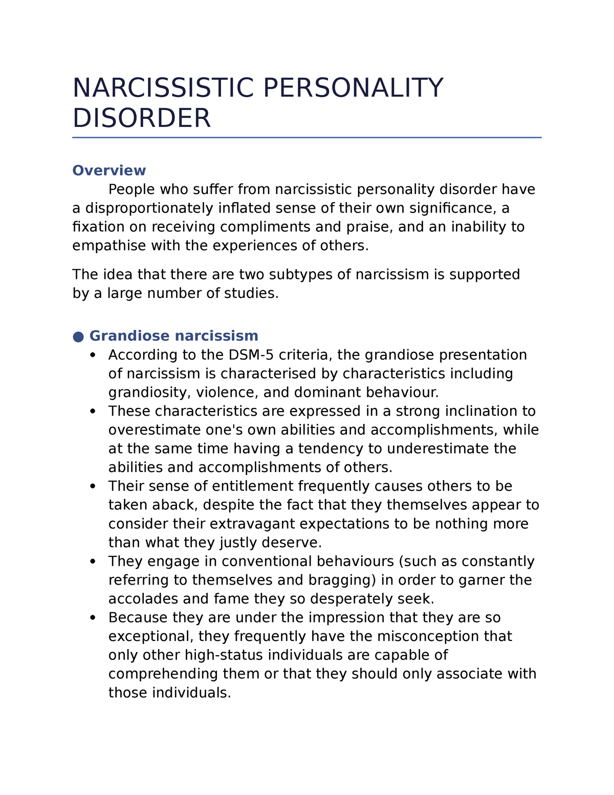 case study on narcissistic personality disorder