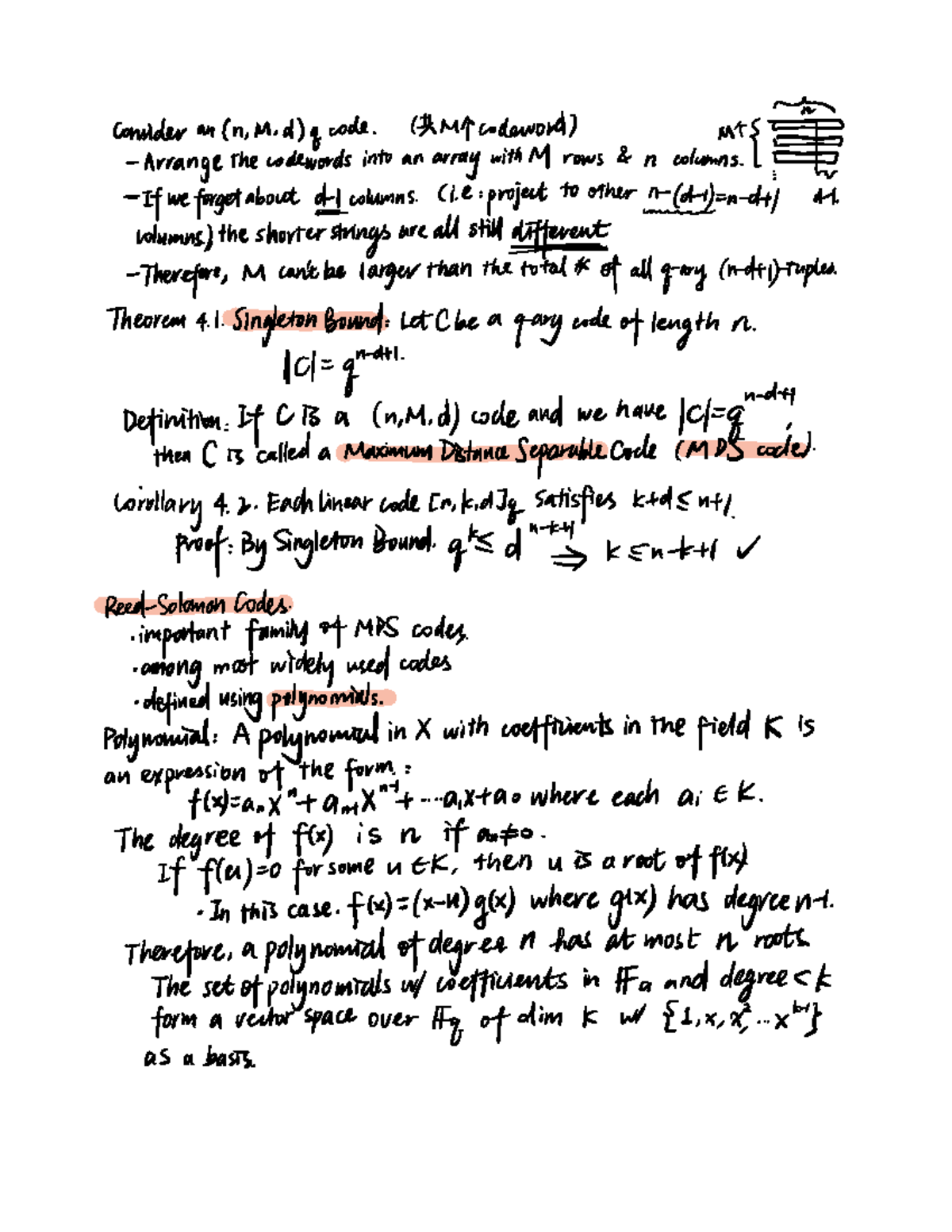 Ch 4. Singleton bound and Reed-Solomon Codes - Consideran C n M d q ...