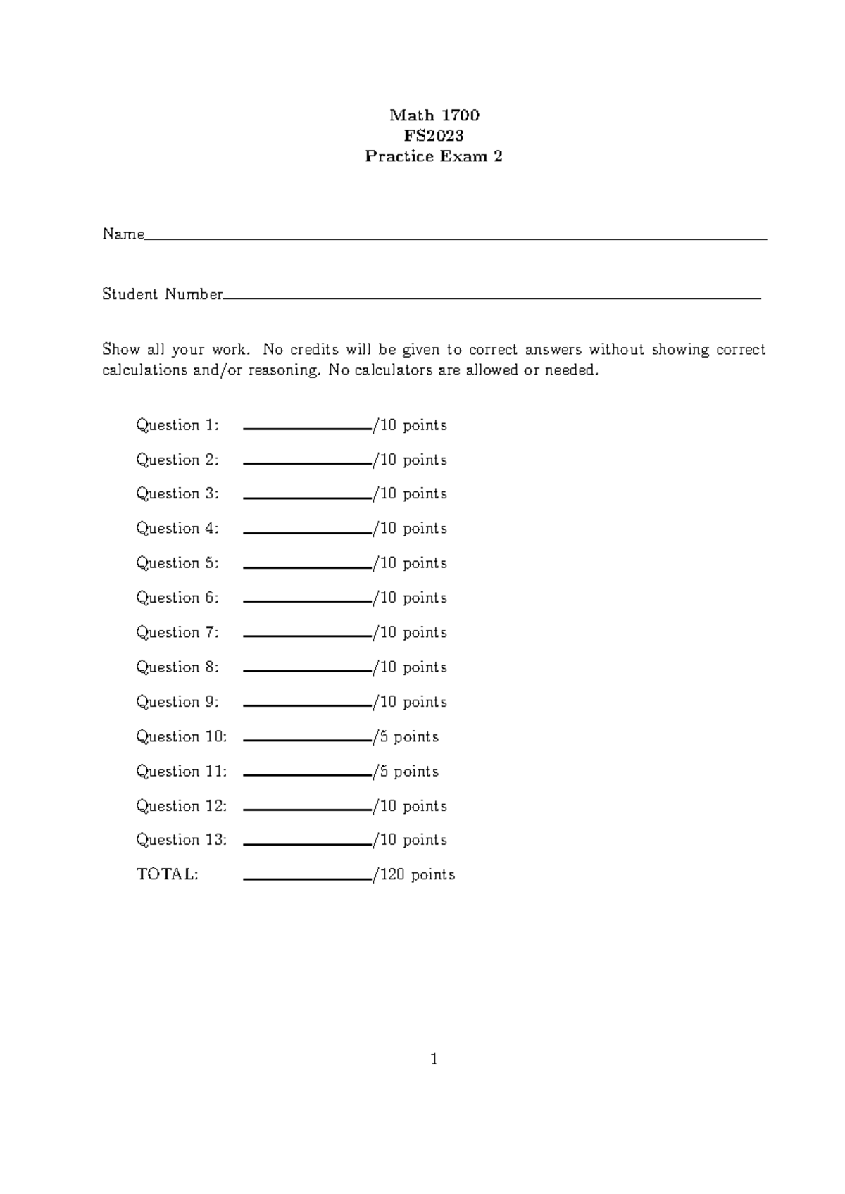 Math1700,FS2023,Practice Exam-2 - Math 1700 FS Practice Exam 2 Name ...
