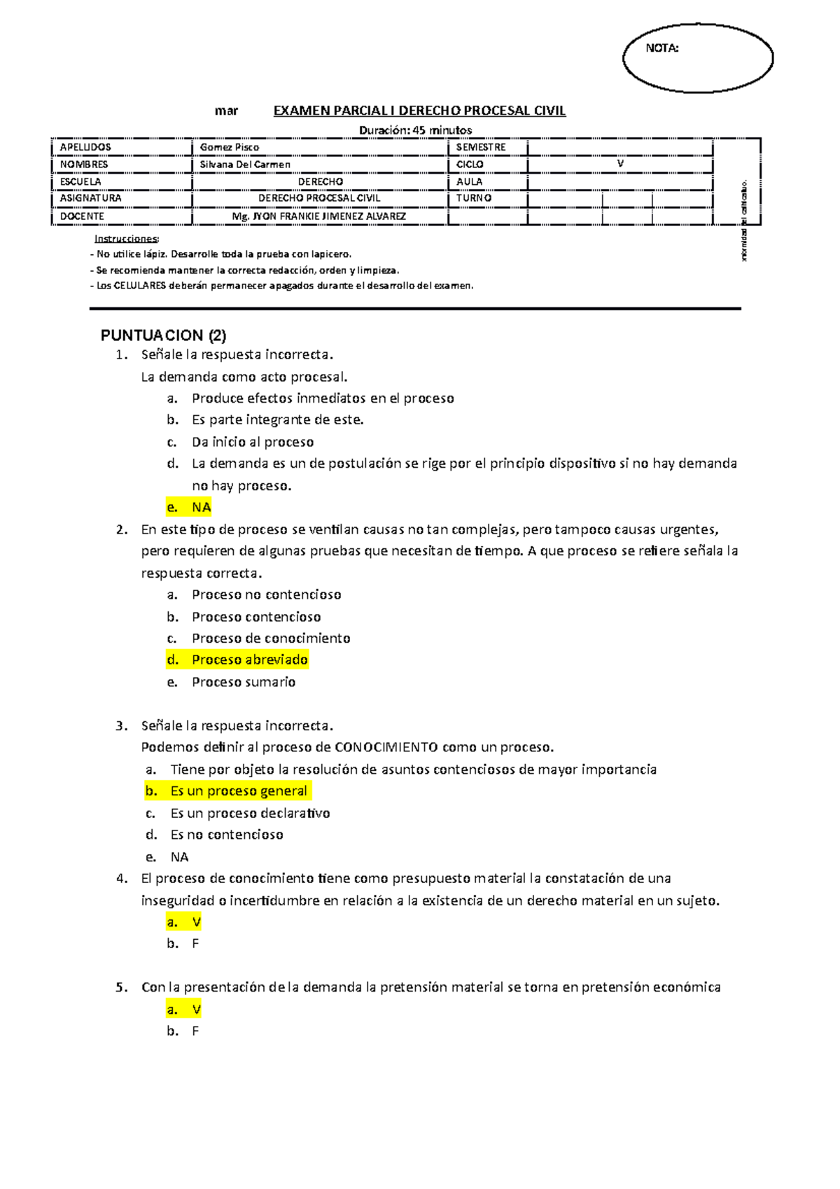 Examen Parcial I Tipo B - Mar EXAMEN PARCIAL I DERECHO PROCESAL CIVIL ...