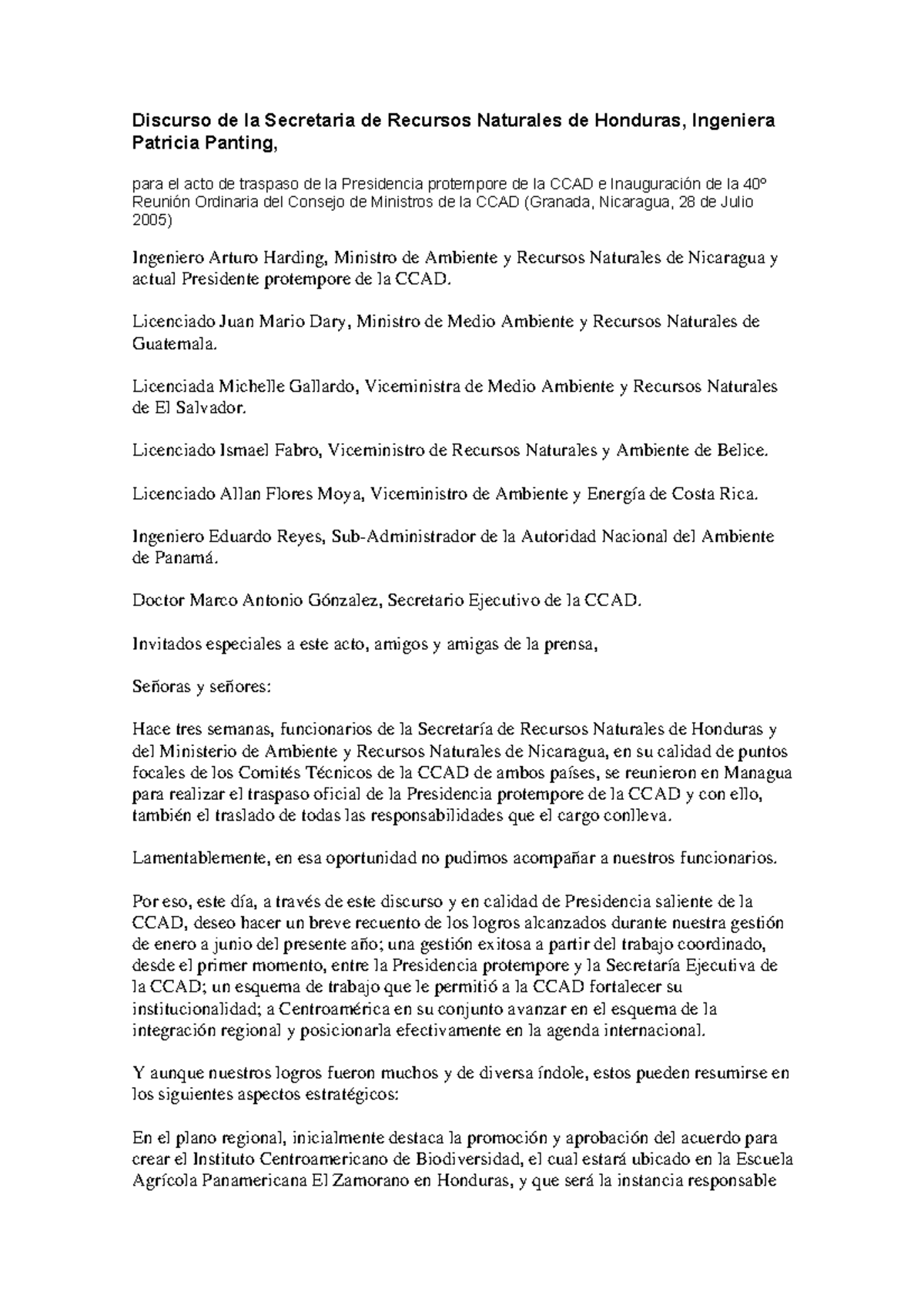 Discurso de la Secretaria de Recursos Naturales de Honduras Ingeniera