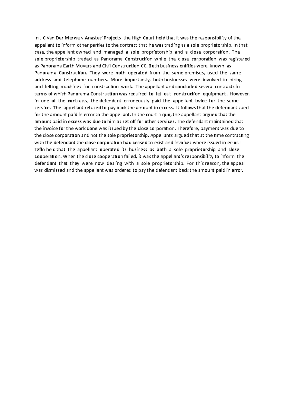 Van der merwe V Anastacia - In J C Van Der Merwe v Anastaci Projects