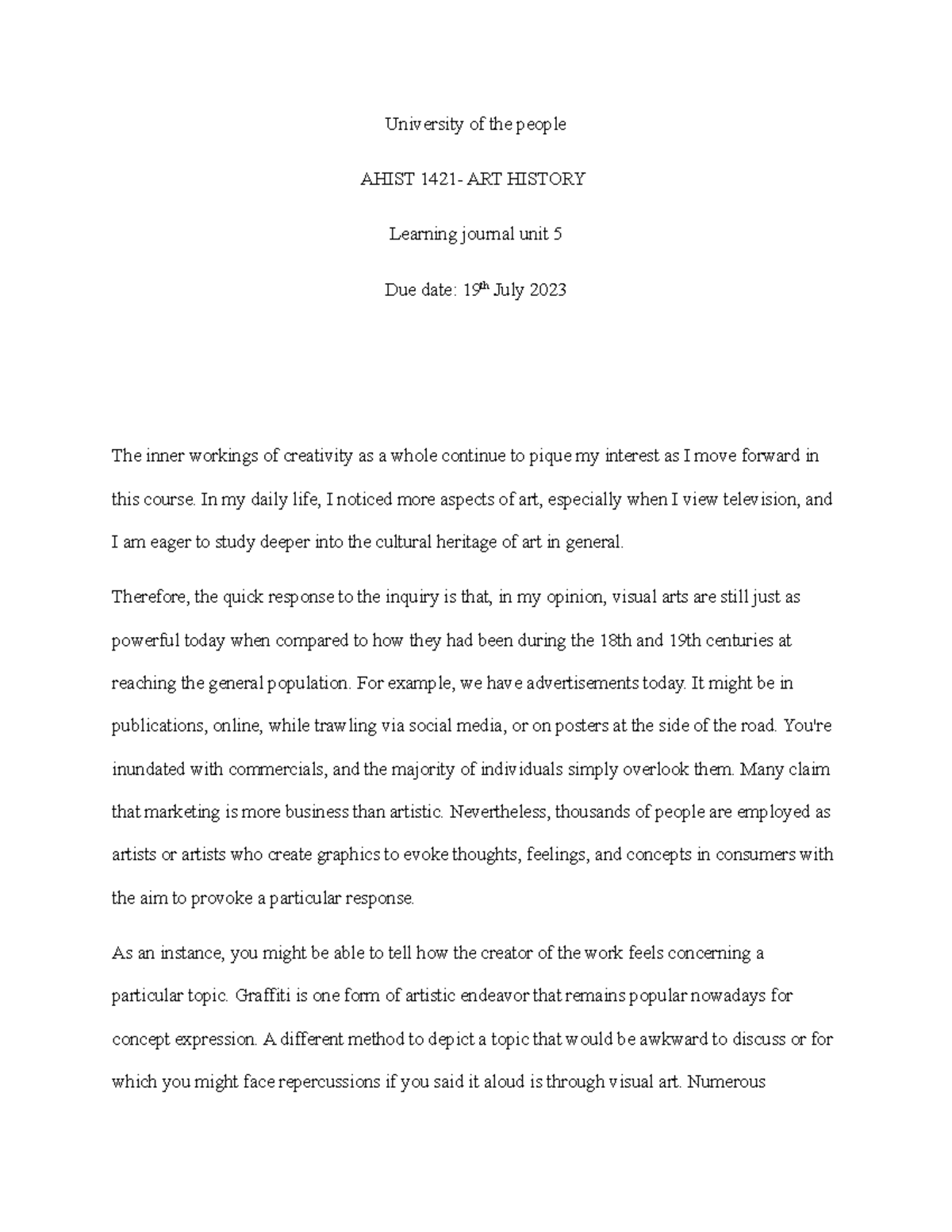 Ahist 1401 learning journal unit 5 - University of the people AHIST ...