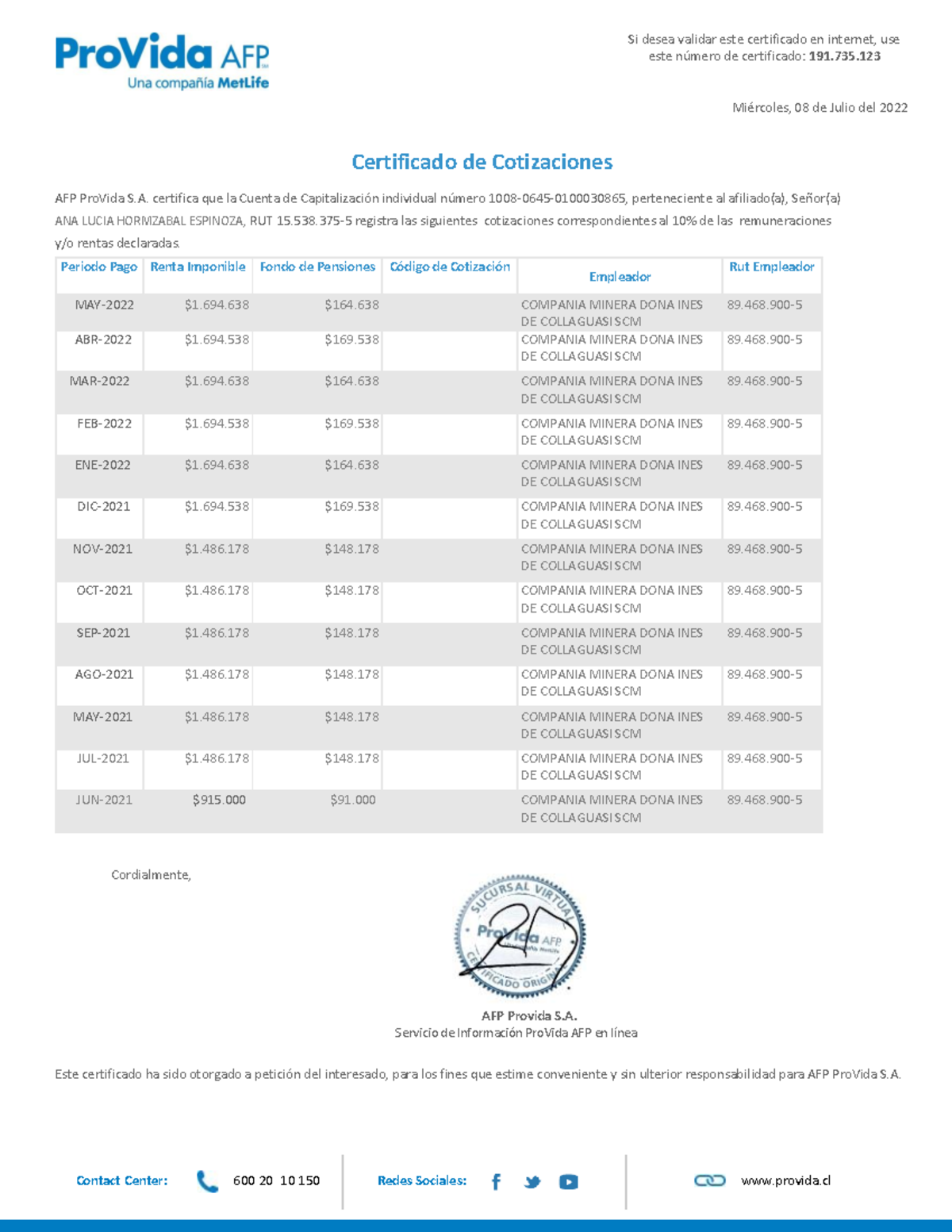 Certificadode Cotizaciones(2) provida (Autoguardado) - Contact Center ...