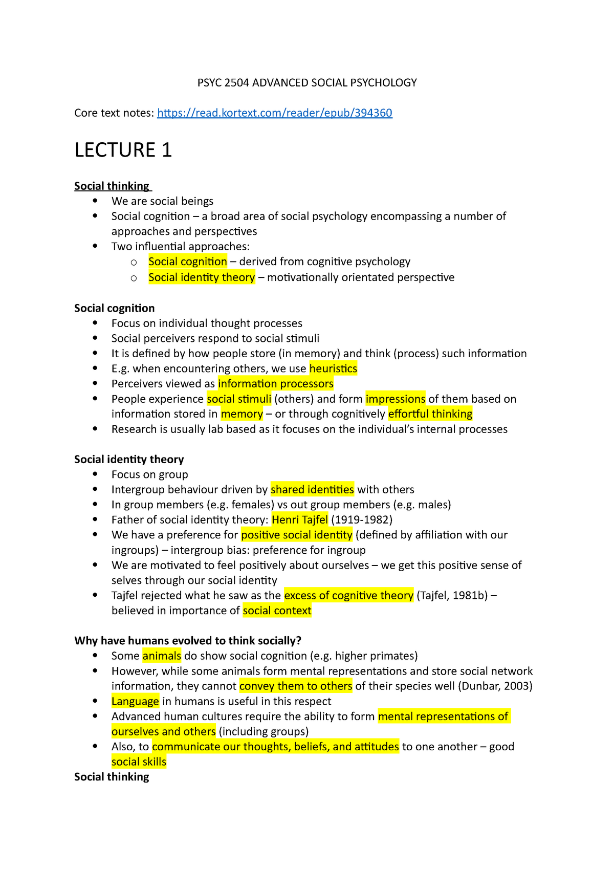 Lecture Notes For Advanced Social Psychology PSYC 2504 ADVANCED 