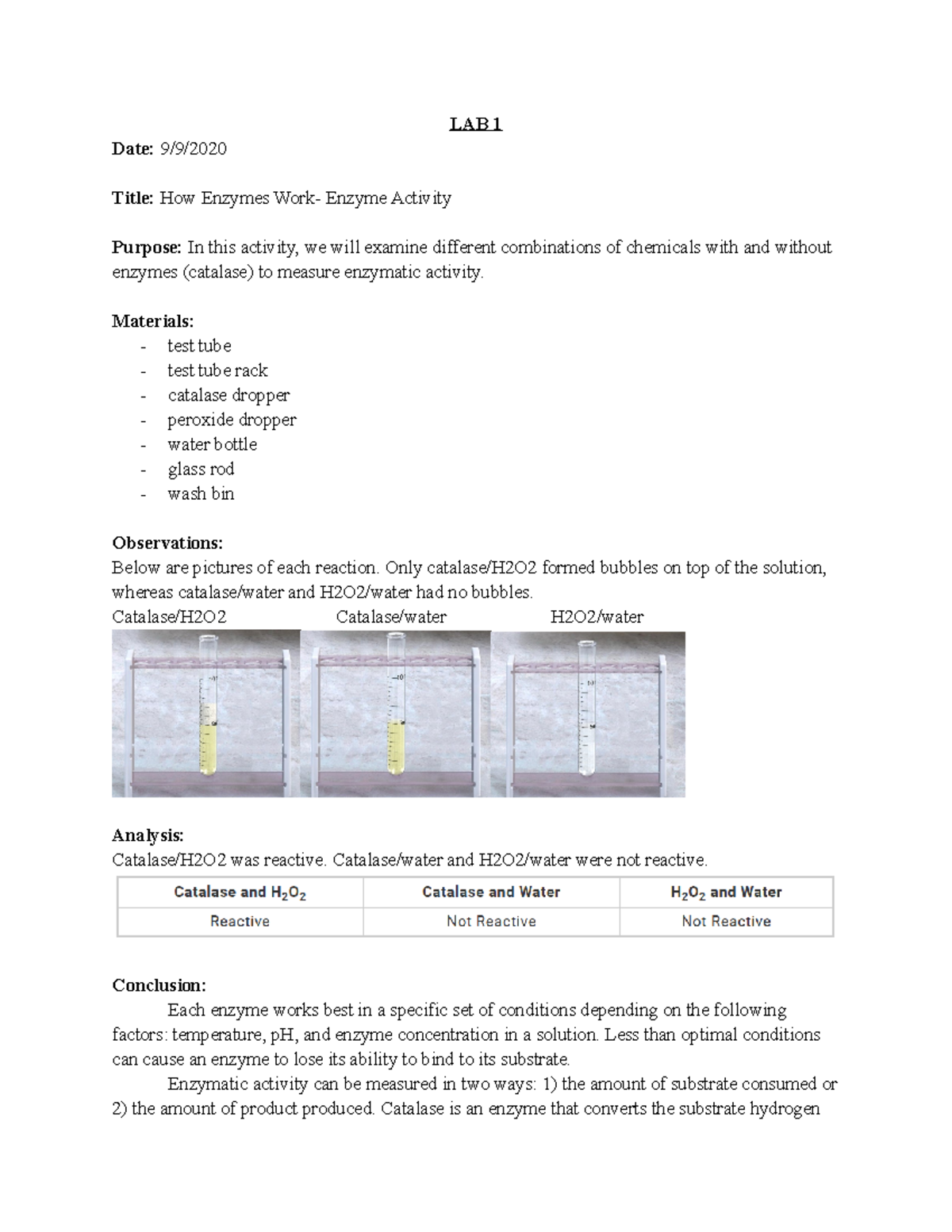 How Enzymes Work Enzyme Activity LAB 1 Date 9/9/ Title How