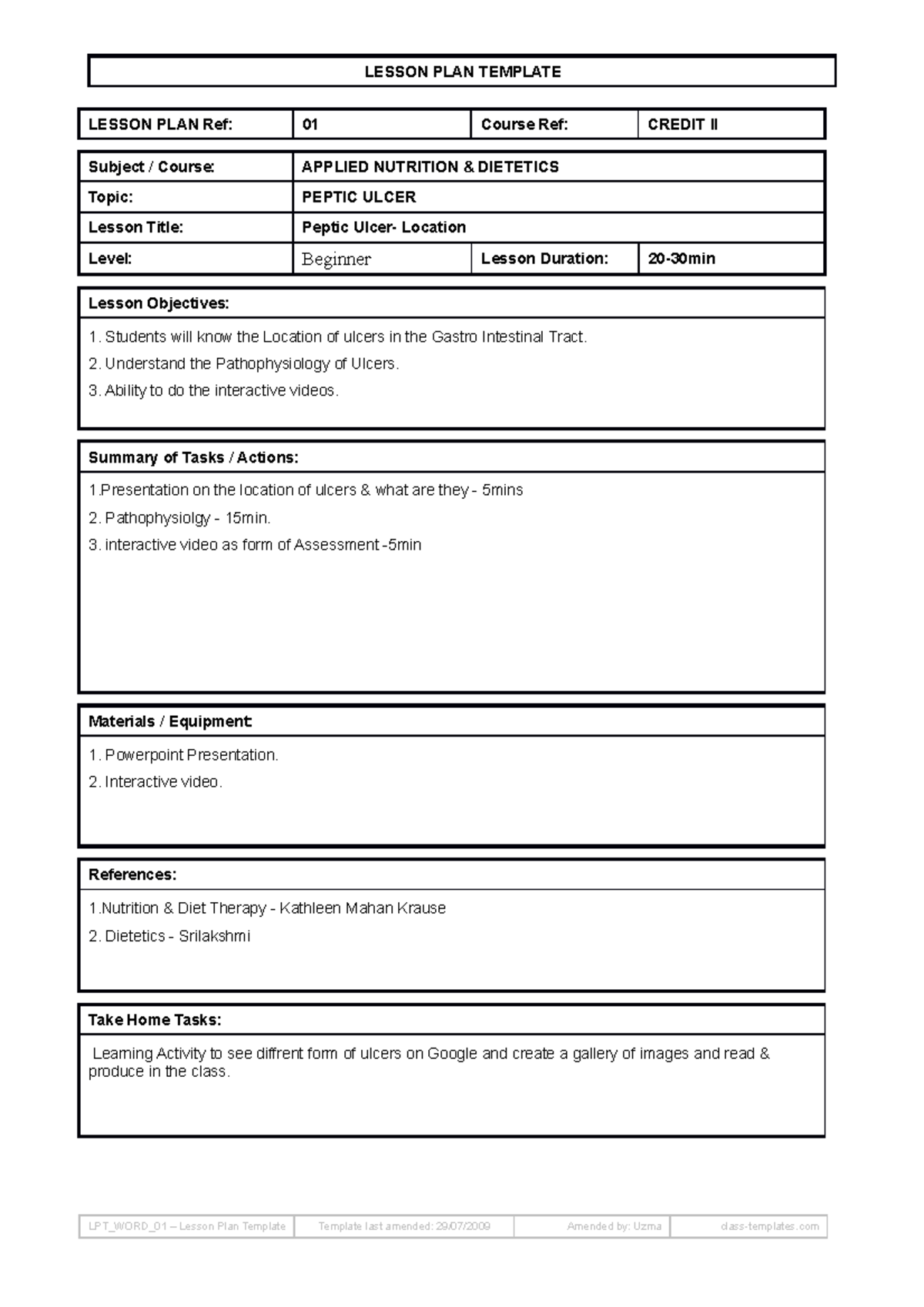 Lesson Plan - Peptic Ulcer Location, Pathophysiology - LESSON PLAN ...