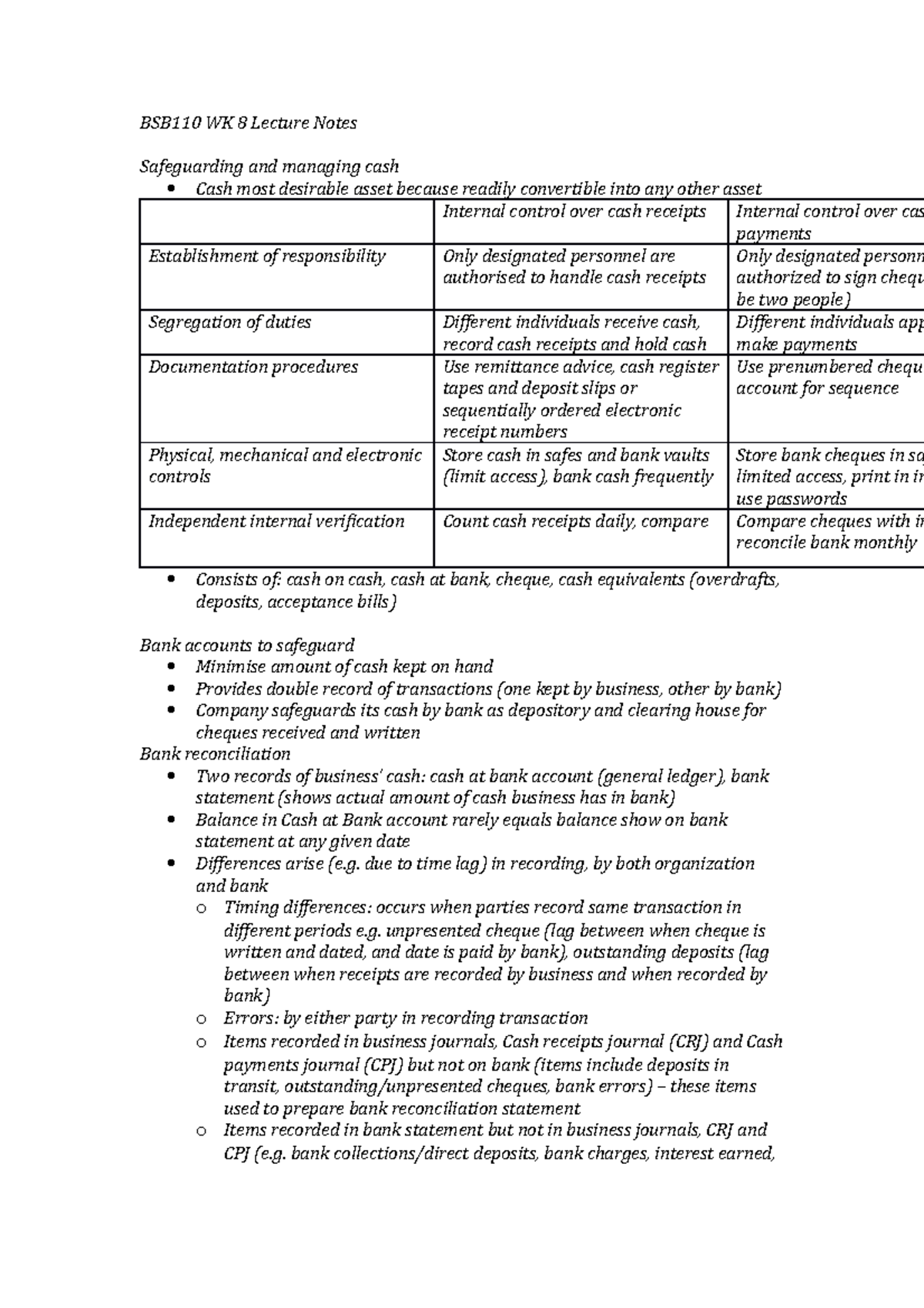 BSB110 Exam 8 - Cash - Topic 8 Summary - BSB110 WK 8 Lecture Notes ...