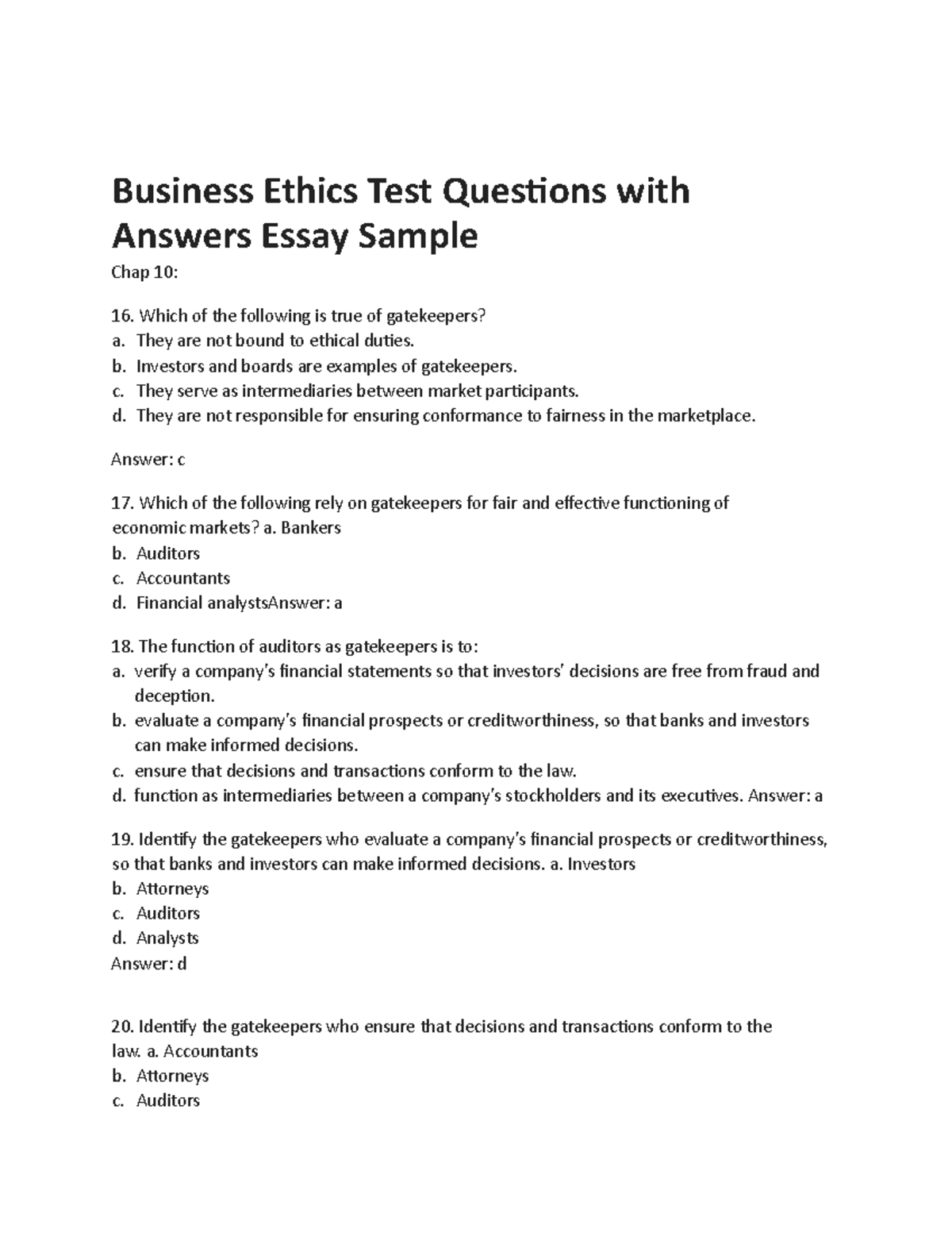 Business Ethics Exam With Answer Business Ethics Test Questions With 