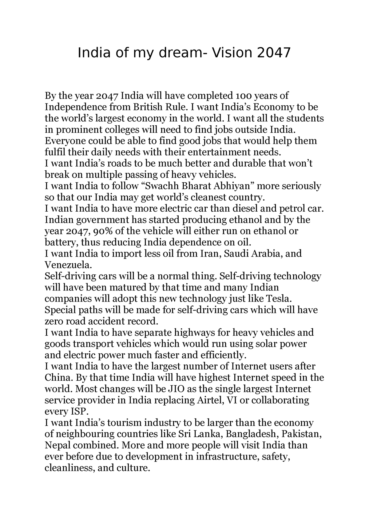 essay on my vision of india 2020
