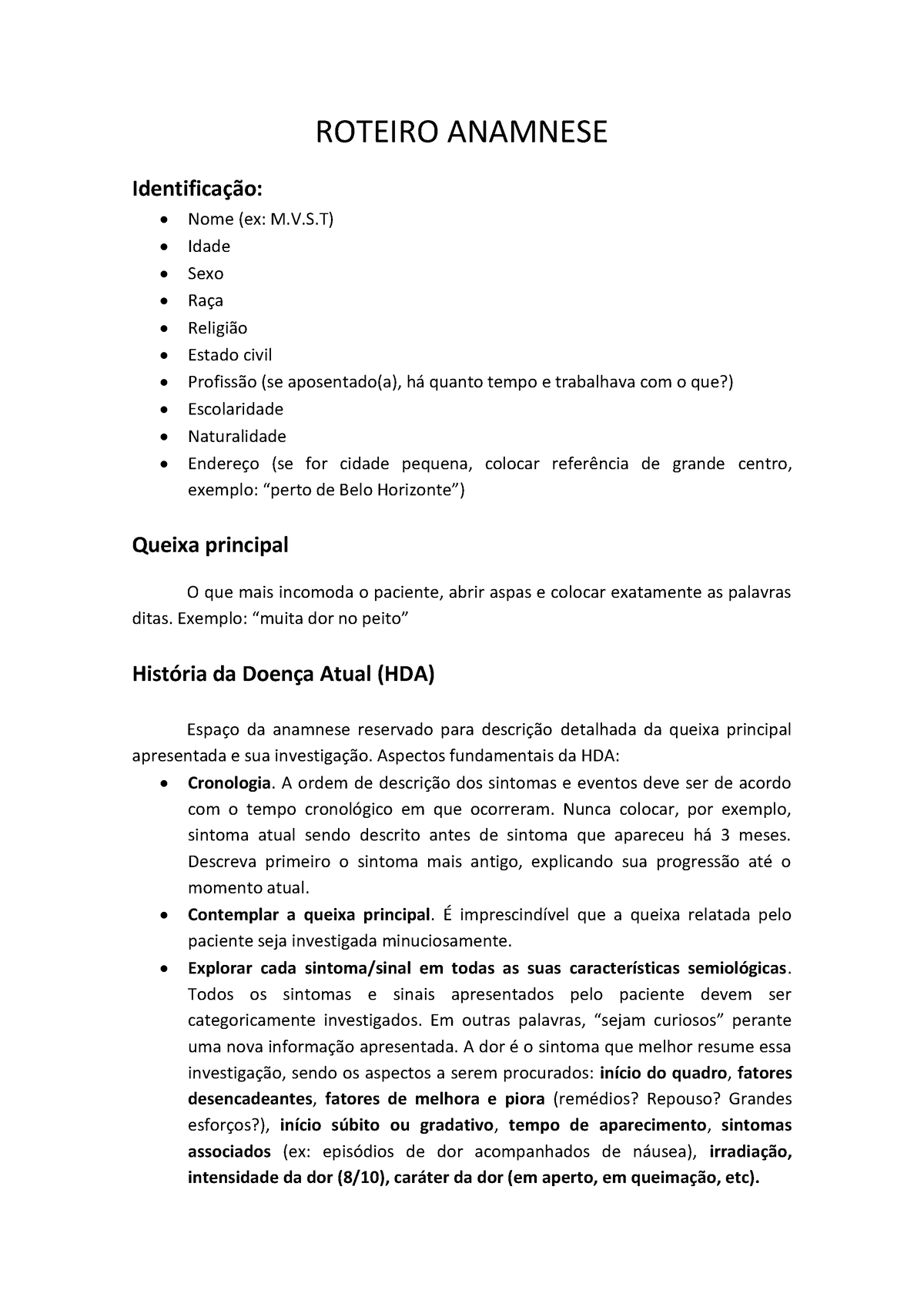 ROTEIRO DE ANAMNESE - RESUMO - Raciocínio Clínico