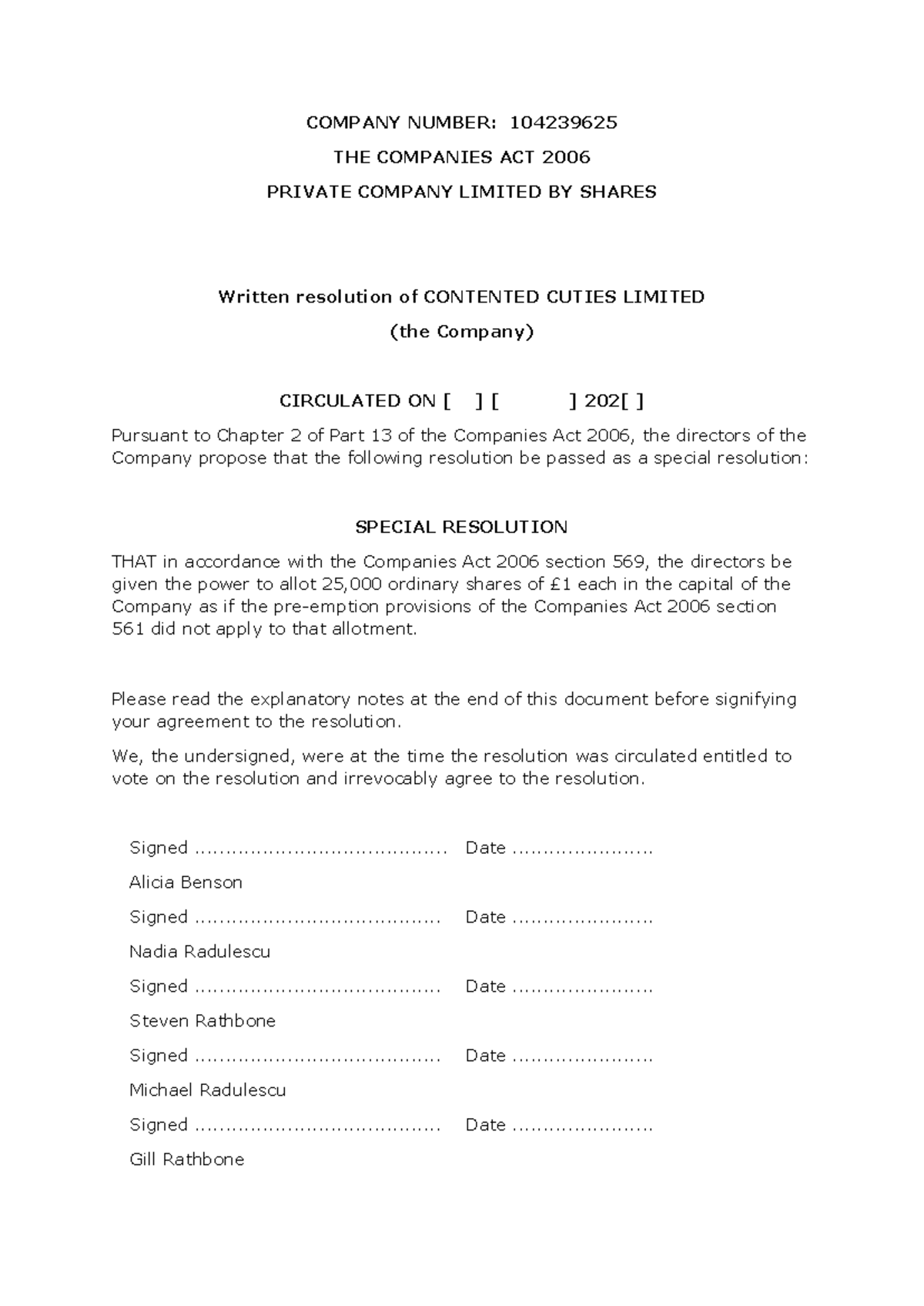 WS 1 Written Resolution Contented Cuties Ltd - COMPANY NUMBER ...