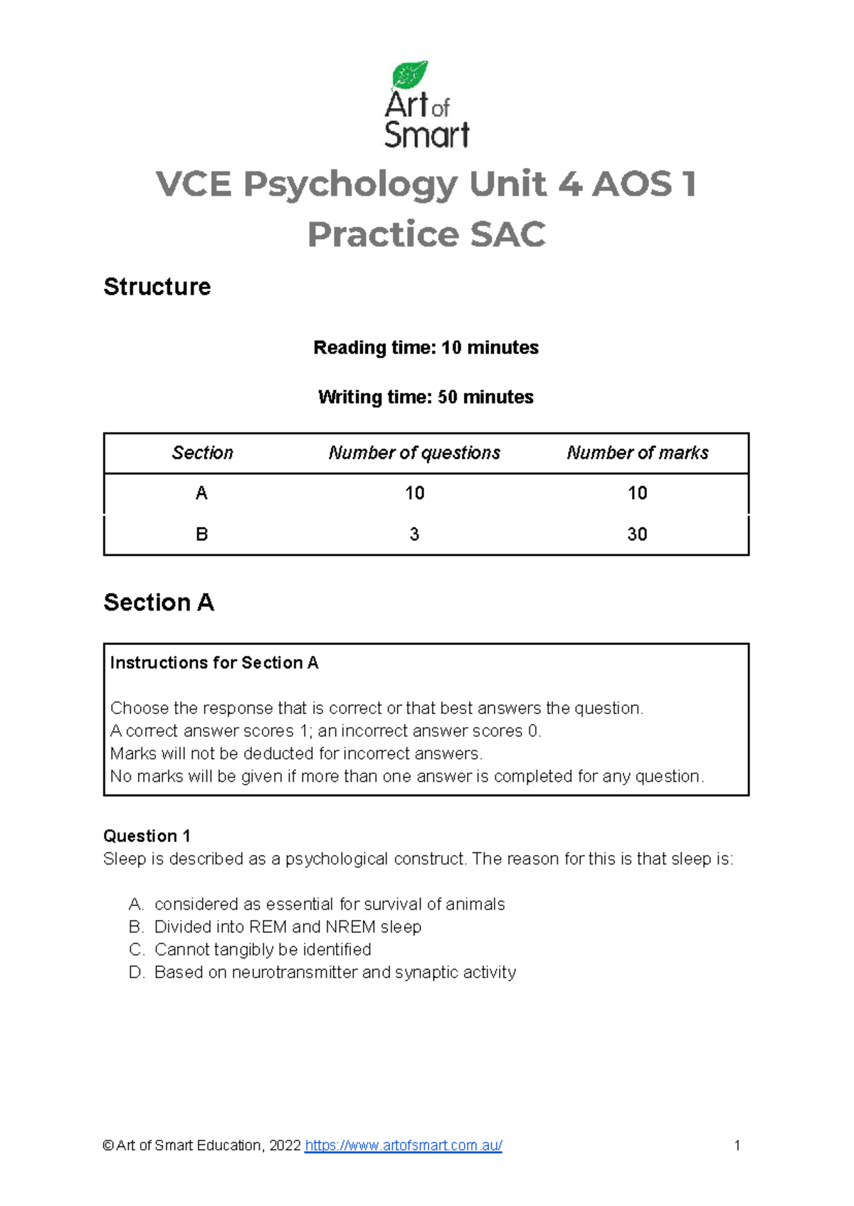 VCE Psychology Unit 4 AOS 1 Practice SAC Art of Smart Education VCE Psychology Unit 4 AOS 1