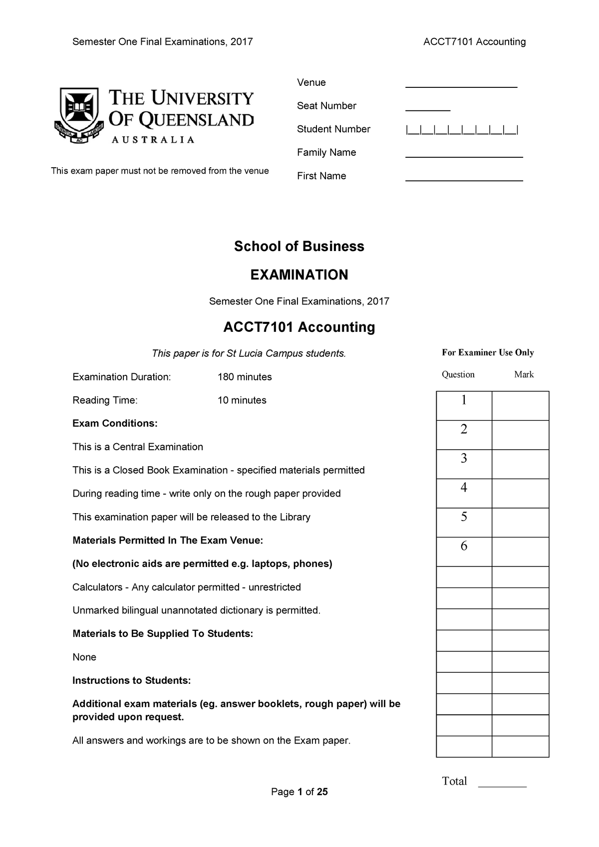 Semester One Final Examinations 2017 ACCT7101 - Semester One Final ...