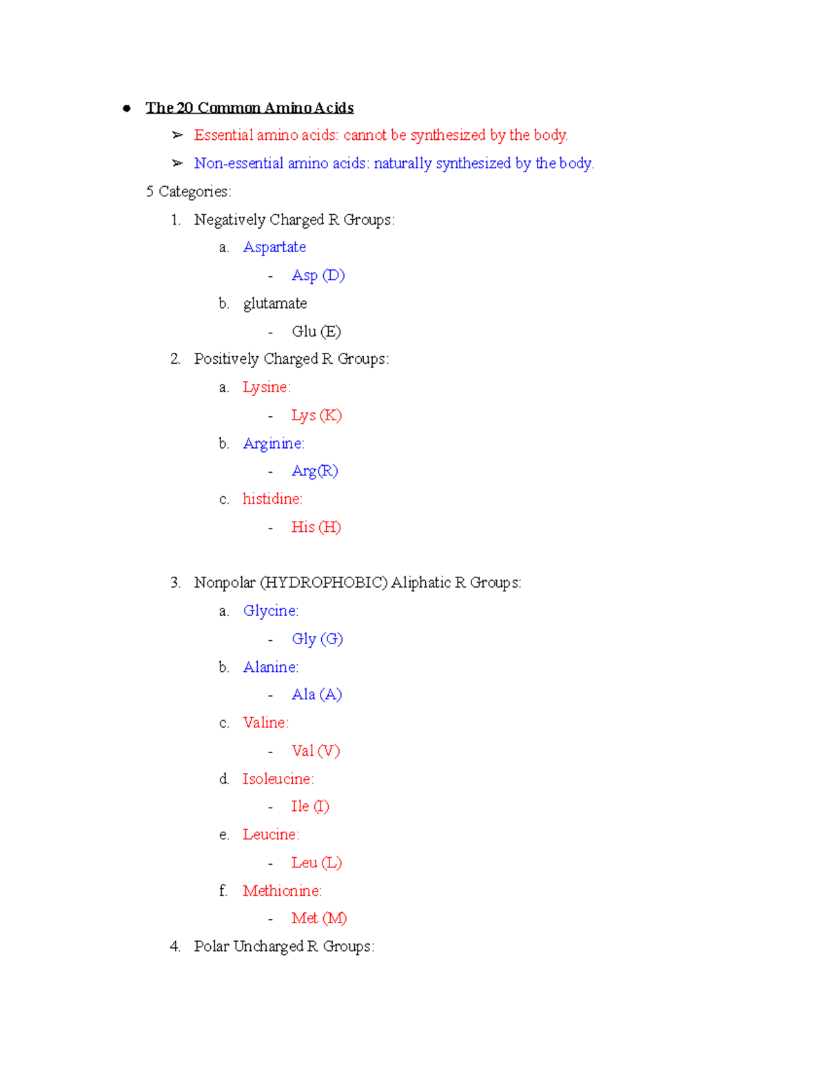 Biochem Ch.4 Amino Acids The 20 Common Amino Acids Essential amino