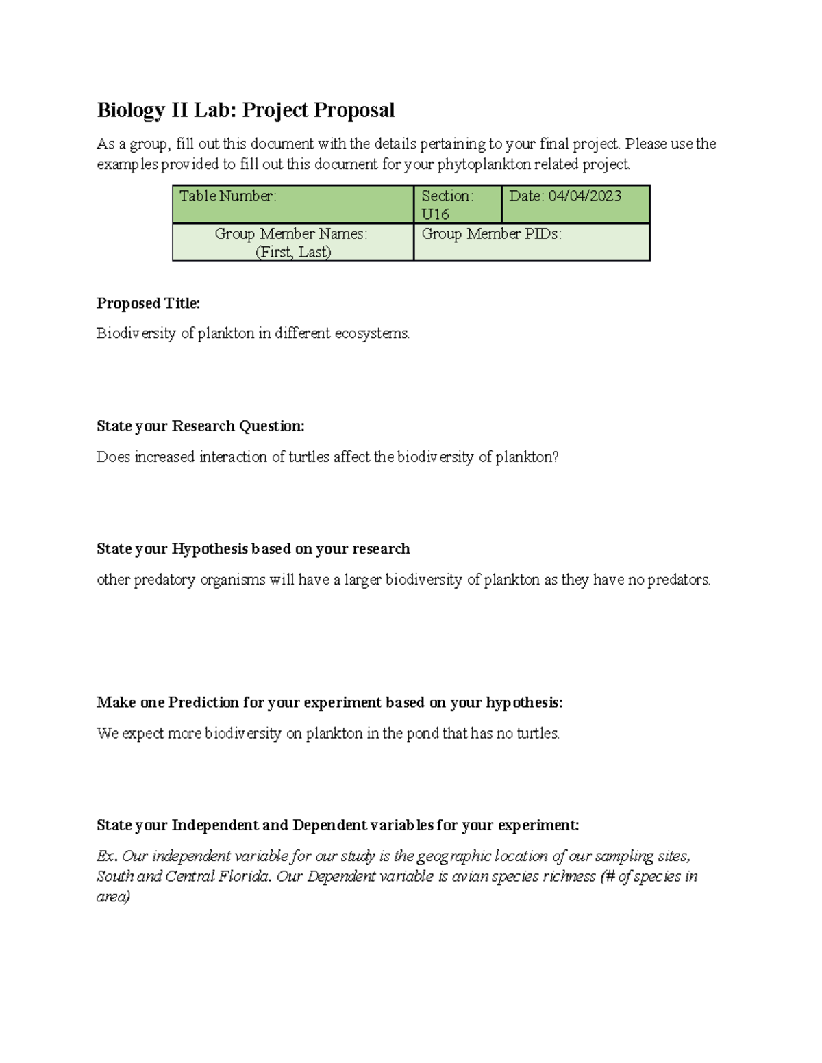 Bio Project Proposal Assignment - Biology II Lab: Project Proposal As a ...