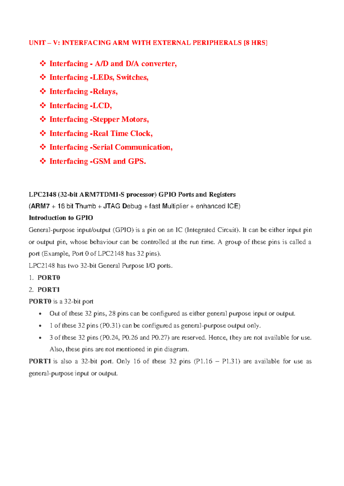 Interfacing of ARM - UNIT – V: INTERFACING ARM WITH EXTERNAL ...