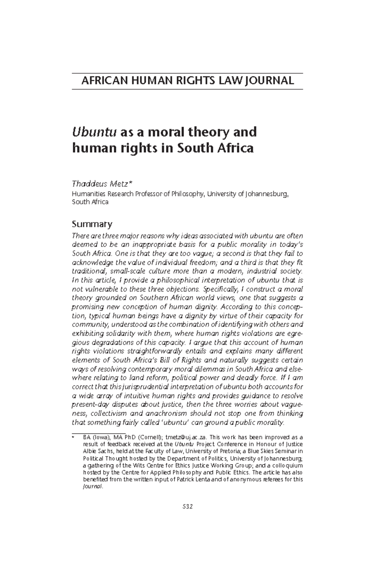 Metz Ubuntu African Human Rights Law Journal Ubuntu As A Moral