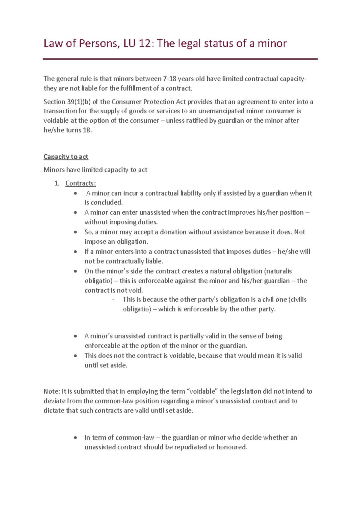 Law of Persons, SU 12 Notes Legal status of a minor Law of Persons