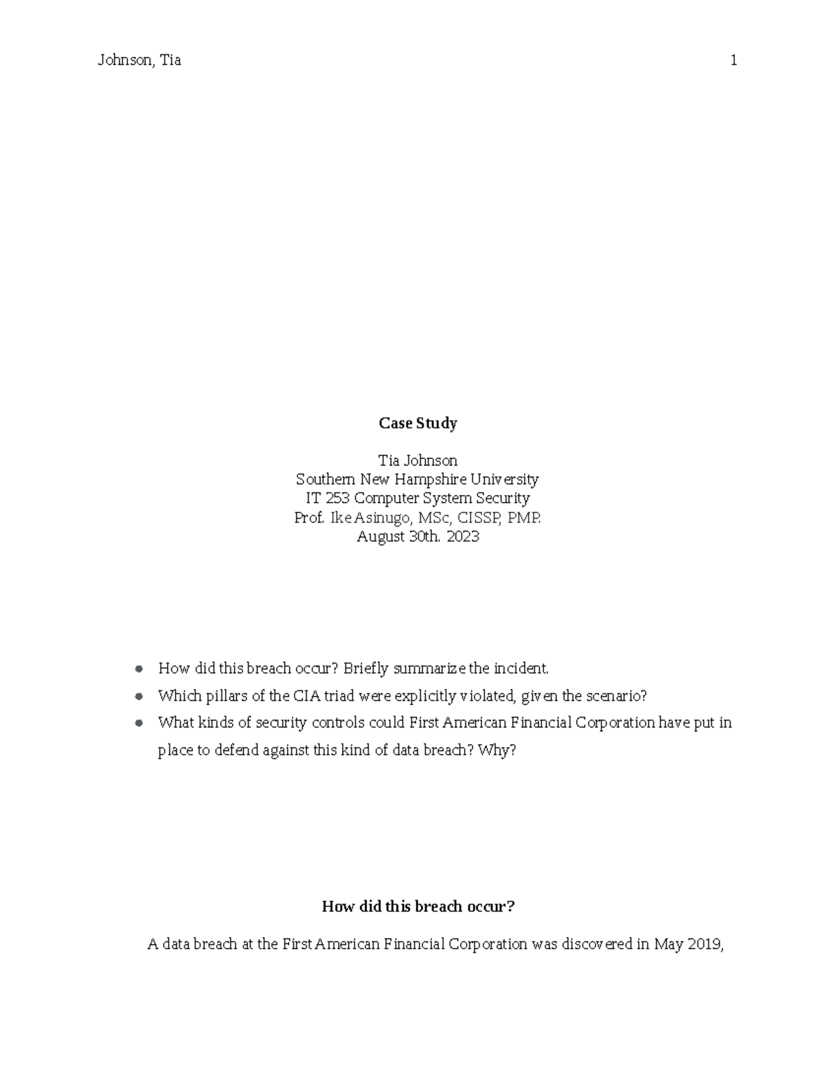 IT 253 Module 2-1 Activity - Case Study Southern New Hampshire ...