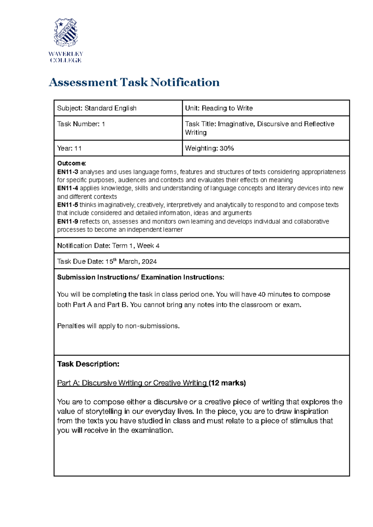 English term 1 - practice questions - Assessment Task Notification ...