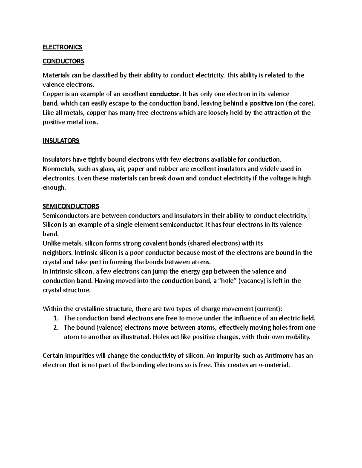 Insulators, Conductors & Semiconductors - ELECTRONICS CONDUCTORS ...