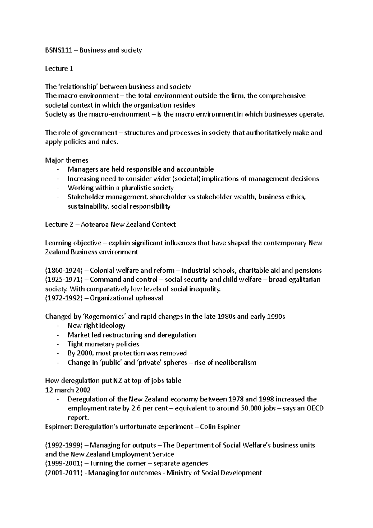 BSNS111 - Lecture 1 and 2 notes - Business and society Lecture 1 The ...