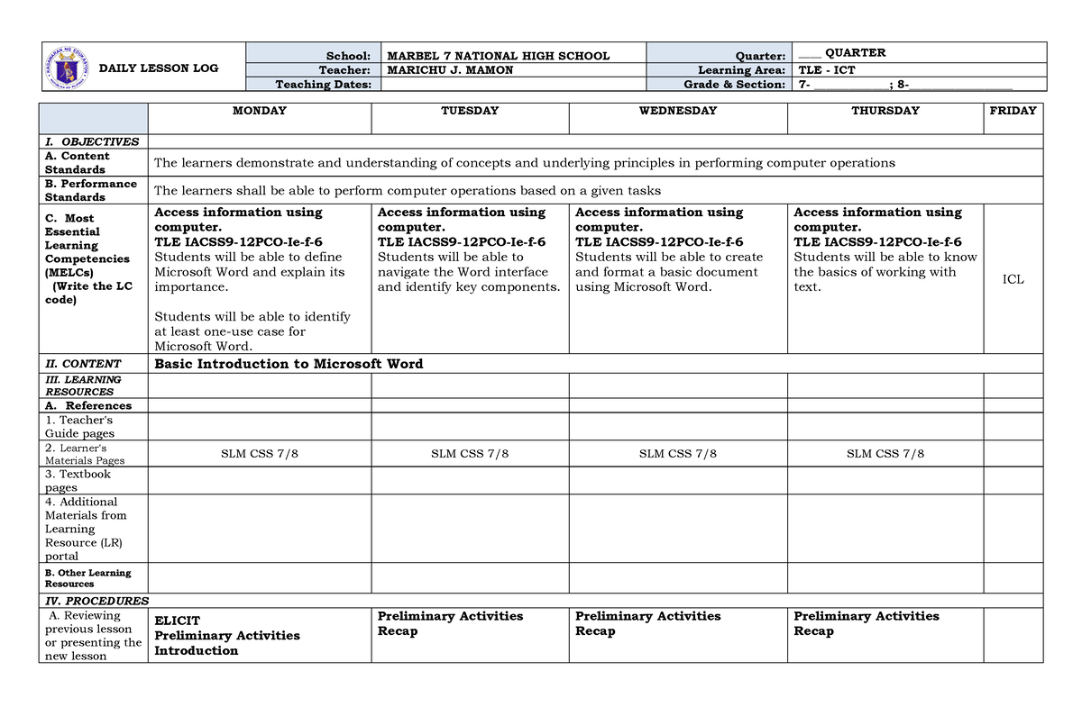 Lesson Plan on MS Word - DAILY LESSON LOG School: MARBEL 7 NATIONAL ...