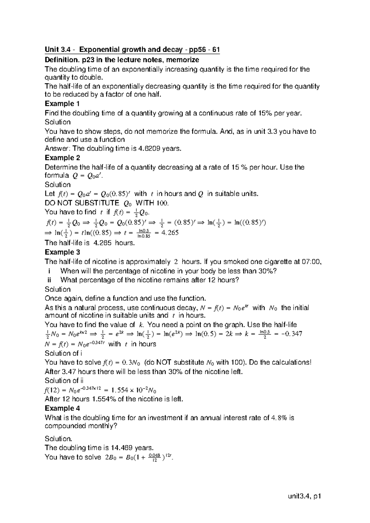 Unit3 lecture notes 5 - Unit 3. 4 - Exponential growth and decay - pp56 ...