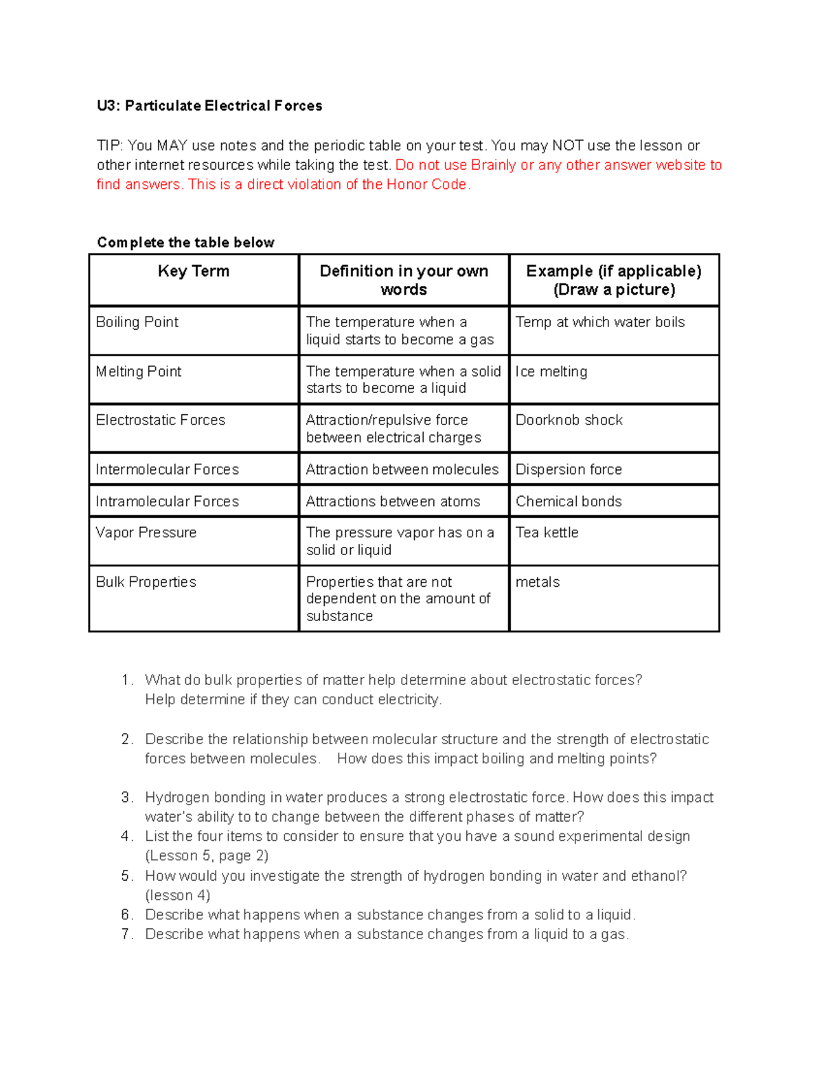 Copy of Unit 3 Particulate Electrical Forces Study Guide U3