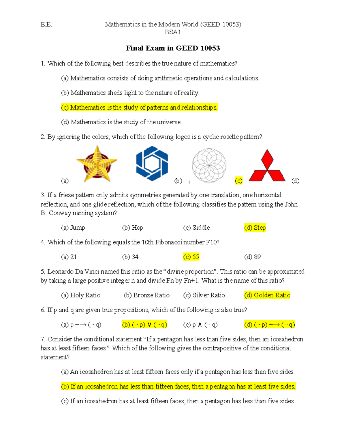 MMW - Final Exam - E. Mathematics In The Modern World (GEED 10053) BSA ...