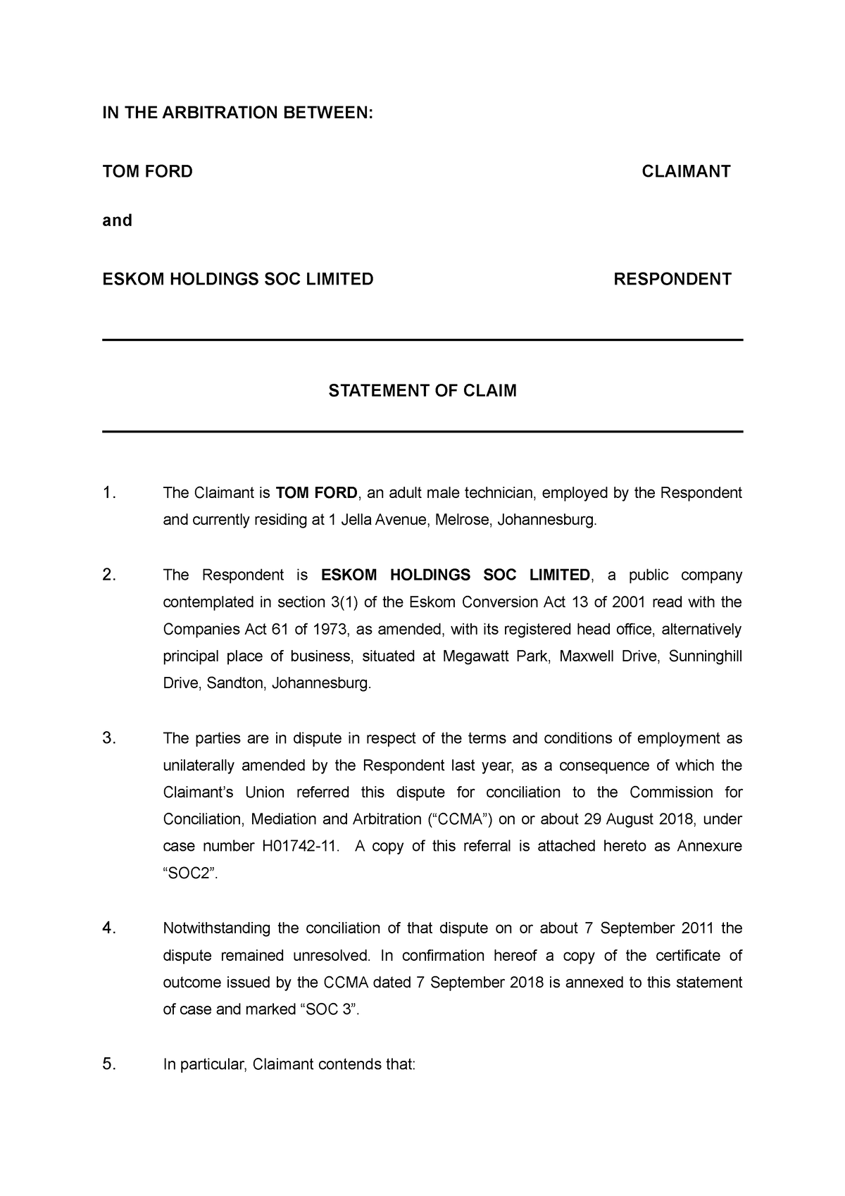 Statement of claim template 1 IN THE ARBITRATION BETWEEN: TOM FORD