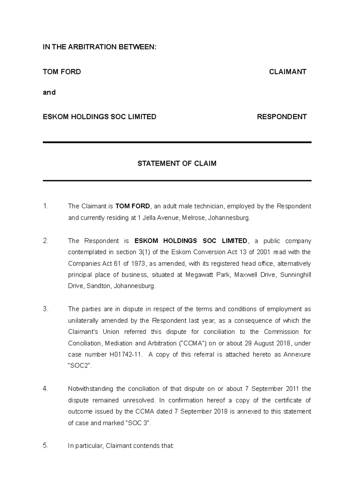 Statement of claim template 1 IN THE ARBITRATION BETWEEN: TOM FORD