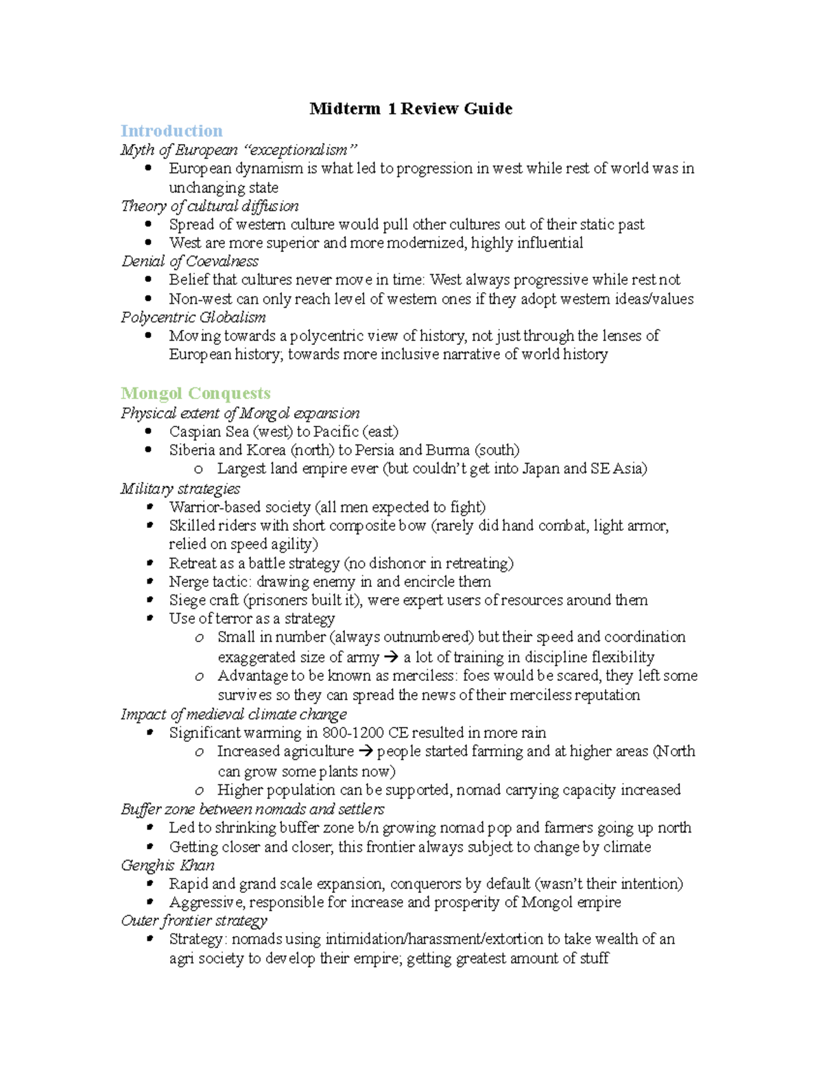 Midterm 1 Study Guide - Summary New Ideas and Cultural Encounters ...