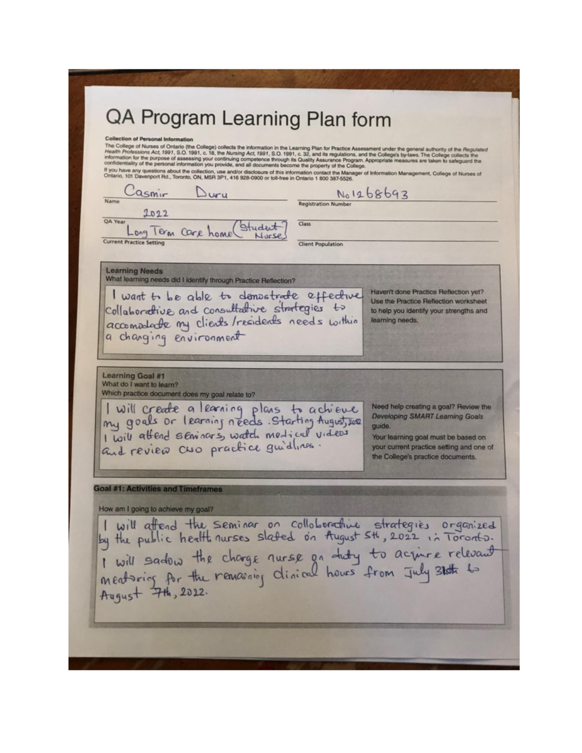 CNO Smart - QA Program Learning Plan form Collection of Personal ...