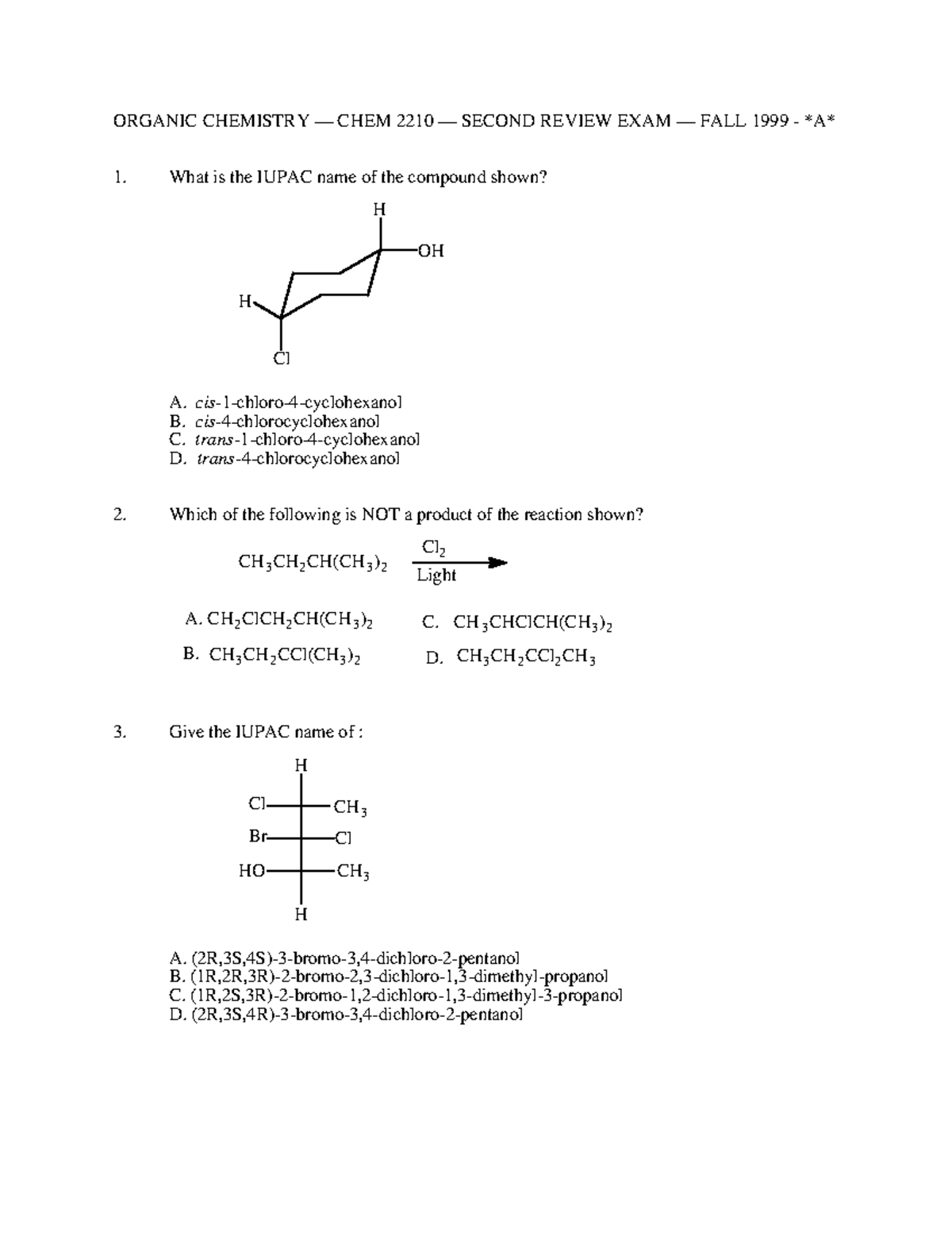 Xula-o1e2 - Acs exam - ORGANIC CHEMISTRY — CHEM 2210 — SECOND REVIEW ...