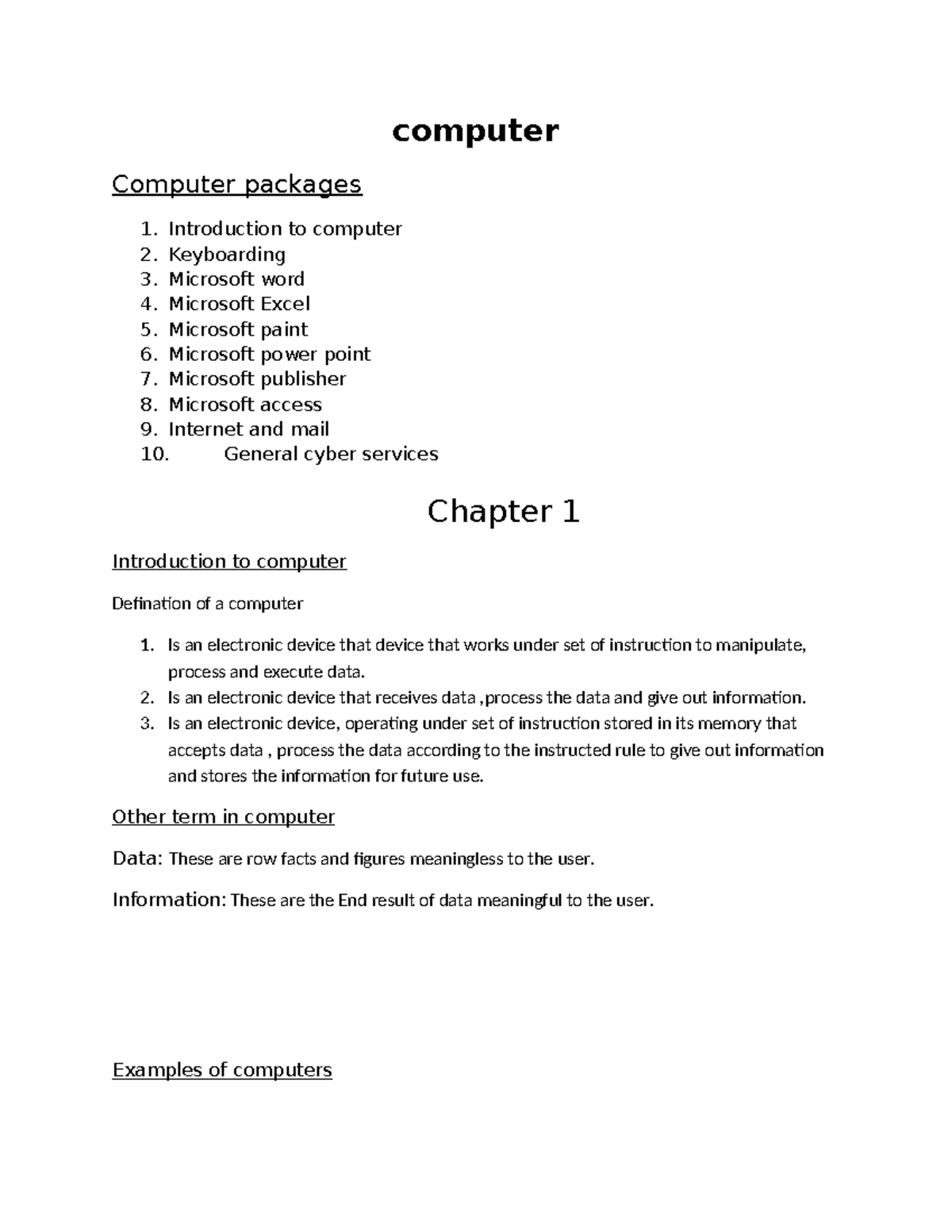 Rollins computer notes - computer Computer packages 1. Introduction to ...