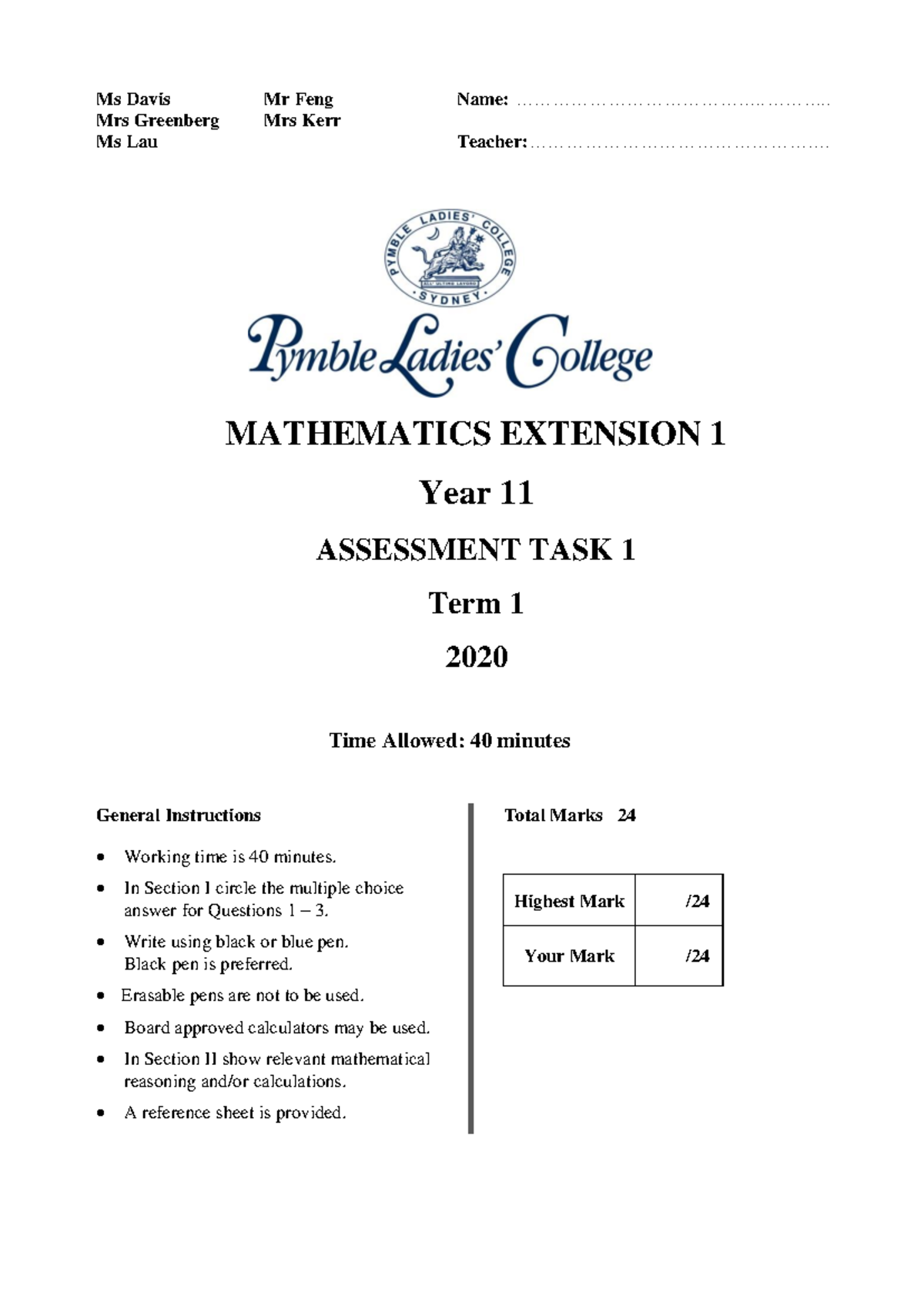 11 Mathematics Extn 1 Task 1 Final 2020 - Ms Davis Mr Feng Mrs ...