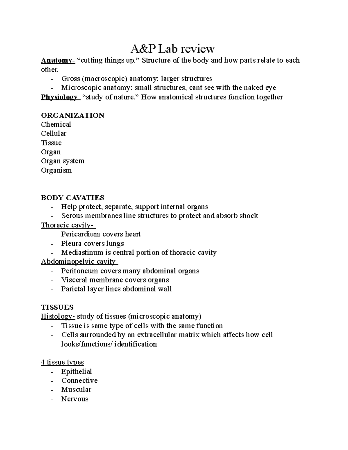 Lab review - Summary Gross Anatomy - A&P Lab review Anatomy- “cutting ...